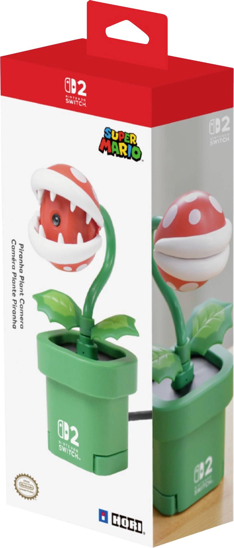 Verpackung für einen Nintendo Switch Wired Controller im 'Super Mario' Design mit roter und weißer Piranhaflanze und grünen Blättern.