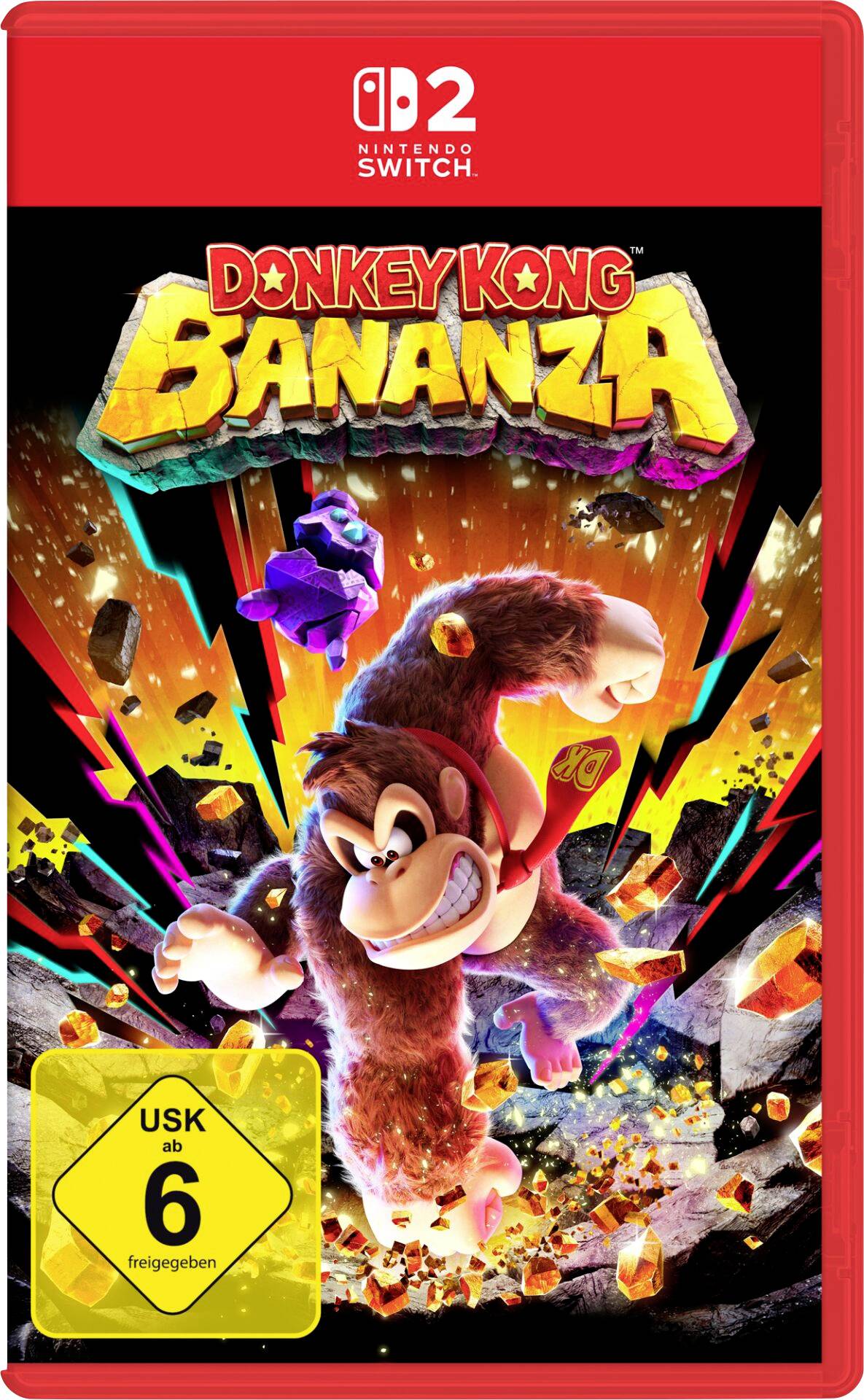 Videospiel-Cover mit 'Donkey Kong Bananza' für Nintendo Switch, das Donkey Kong in einer Aktionshaltung inmitten bunter Explosionen zeigt. Altersfreigabe: USK 6.