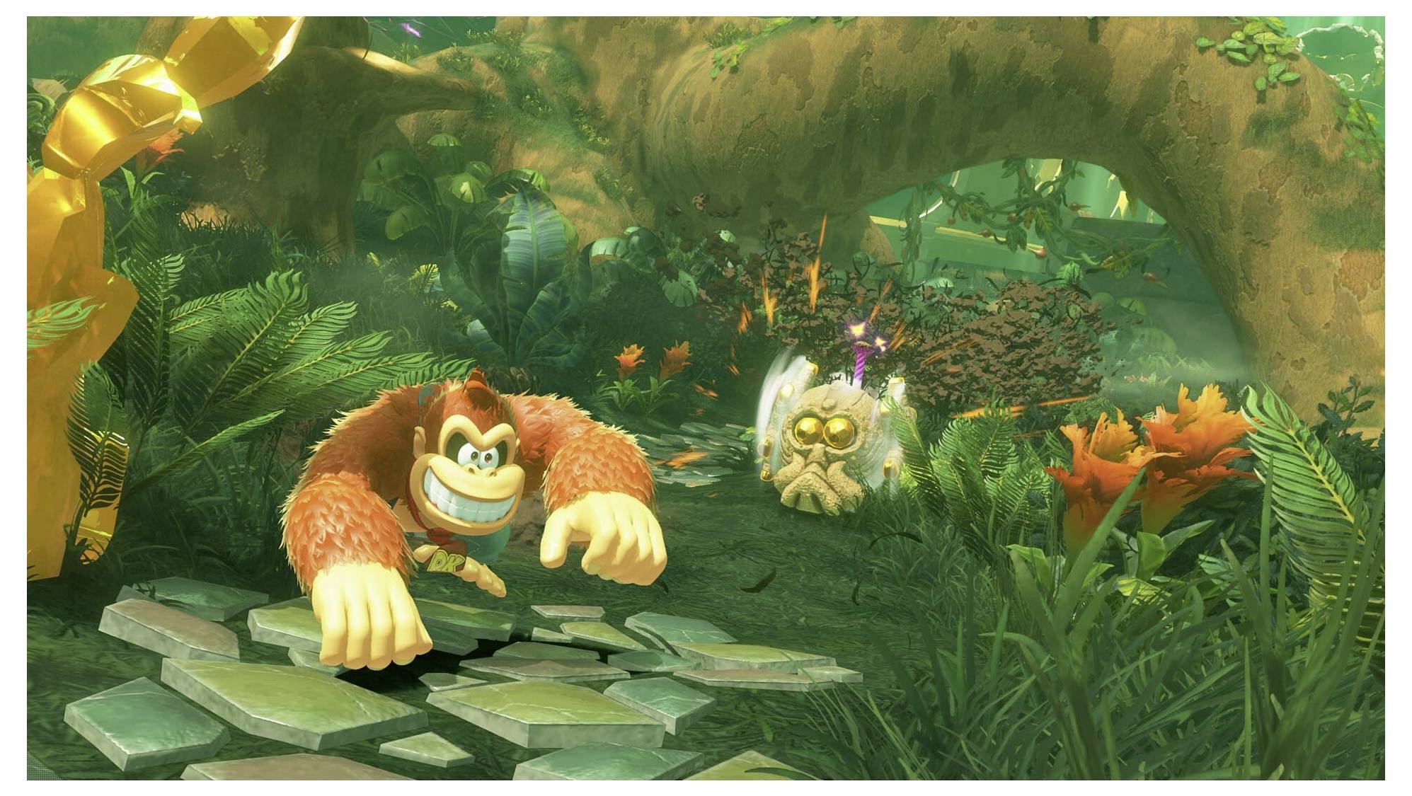 Ein cartoonhafter Gorilla mit einem breiten Lächeln läuft energisch durch eine üppige, lebendige Dschungelszene, gefolgt von einer kleinen Kreatur.