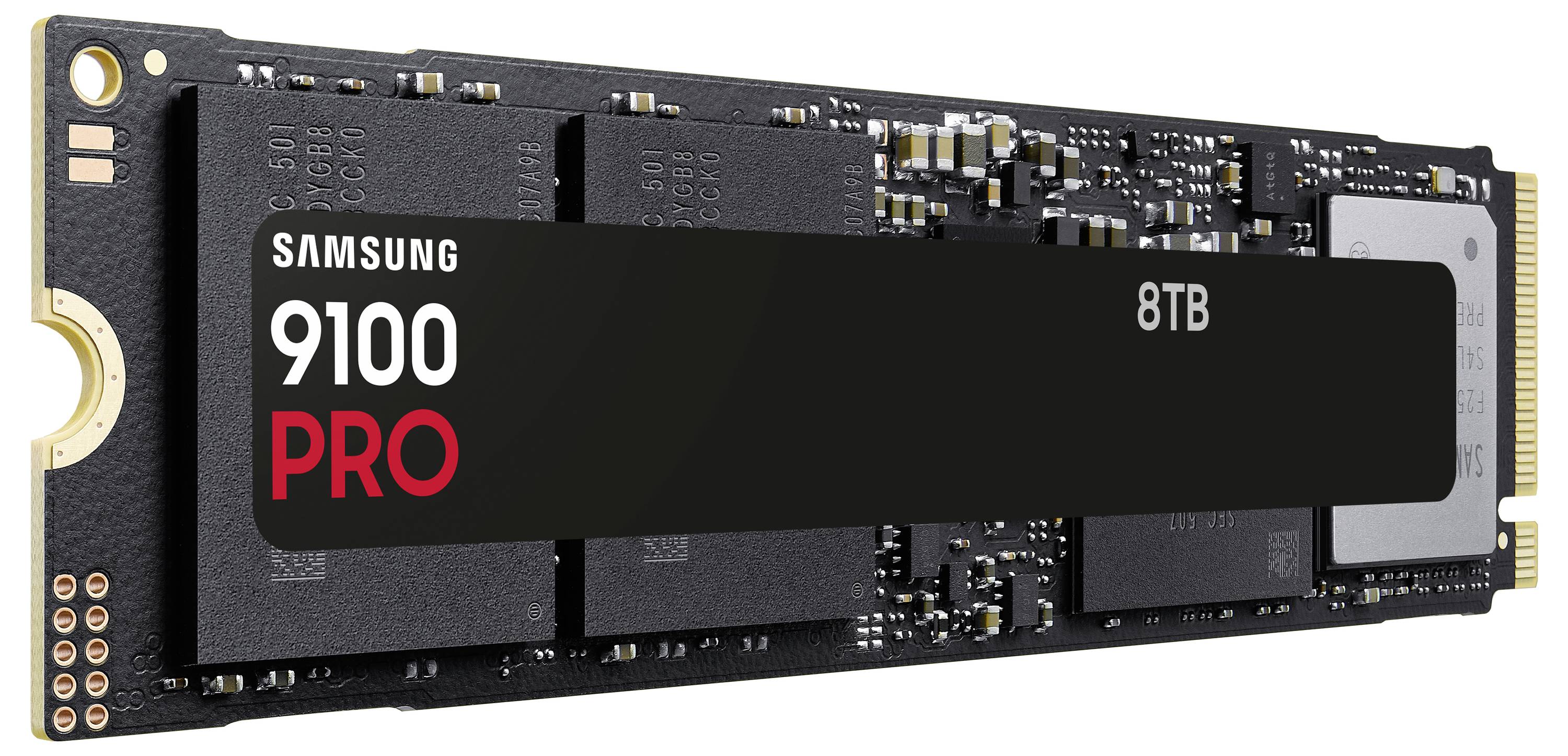 Eine schwarze Samsung 9100 PRO SSD mit 8 TB Kapazität, die Schaltkreise und Anschlüsse zeigt, entwickelt für hochgeschwindigkeiten Datenspeicherung.