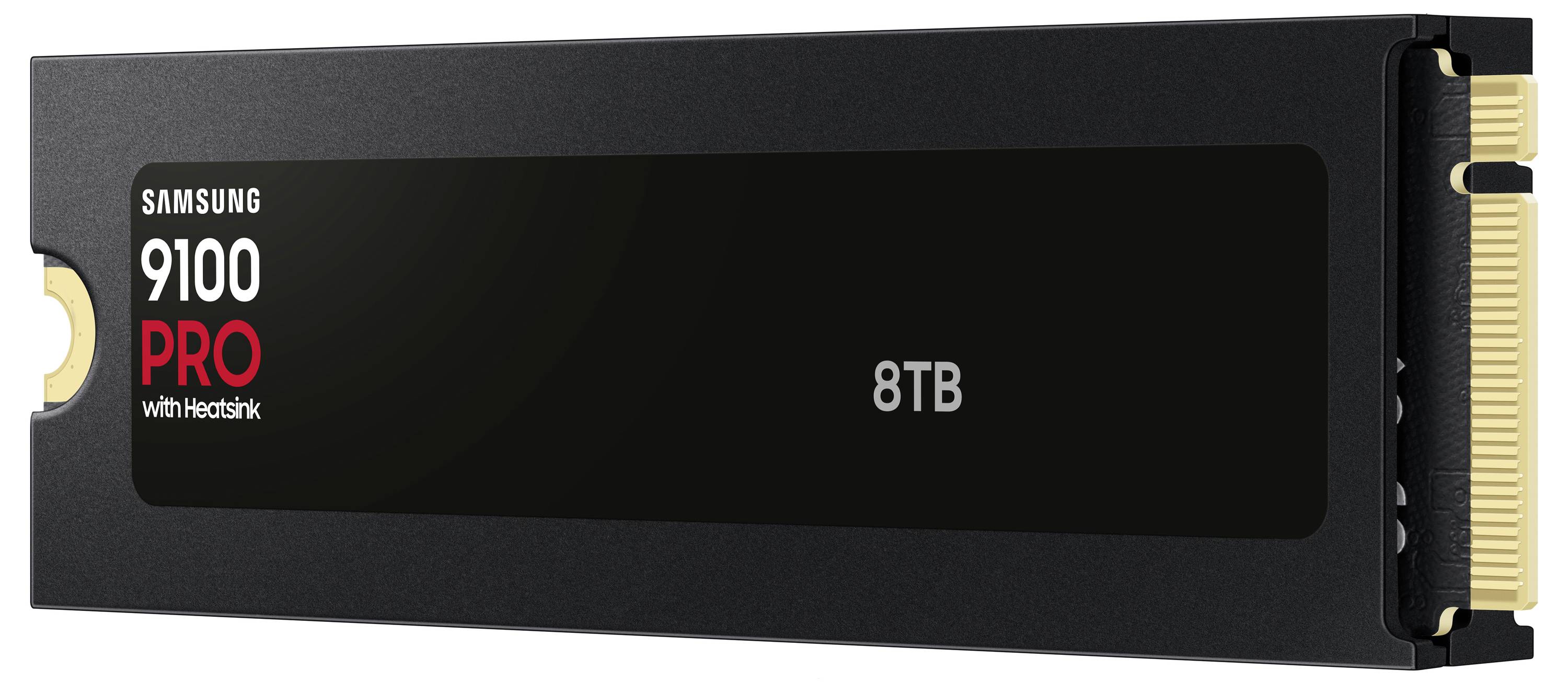 Samsung 9100 PRO mit Kühlkörper, 8 TB' Solid-State-Laufwerk, schwarzes Gehäuse, Seitenansicht, mit Markendarstellung und Kapazitätsdetails auf der Vorderseite.