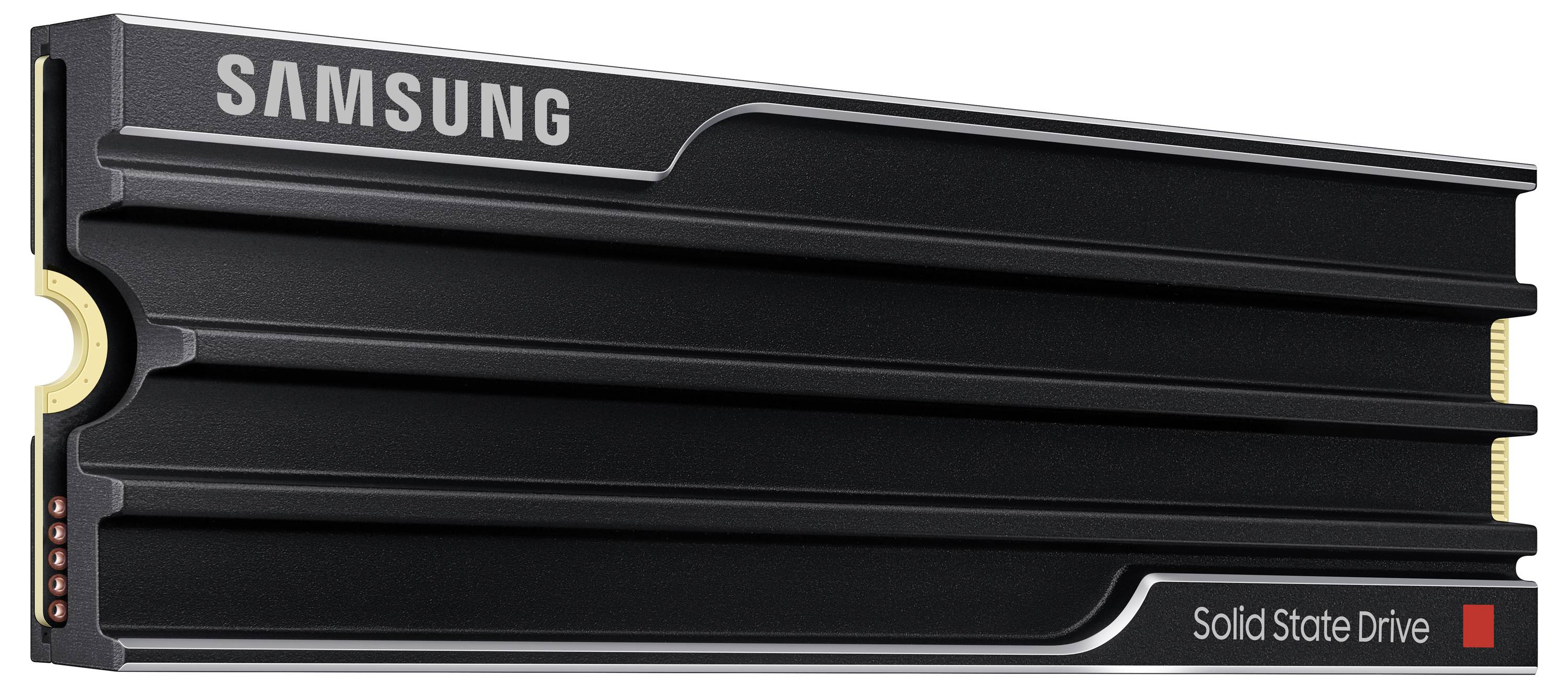 Samsung Solid State Drive mit einem eleganten schwarzen Design und metallischen Akzenten, was fortschrittliche Technologie und hohe Leistung widerspiegelt.