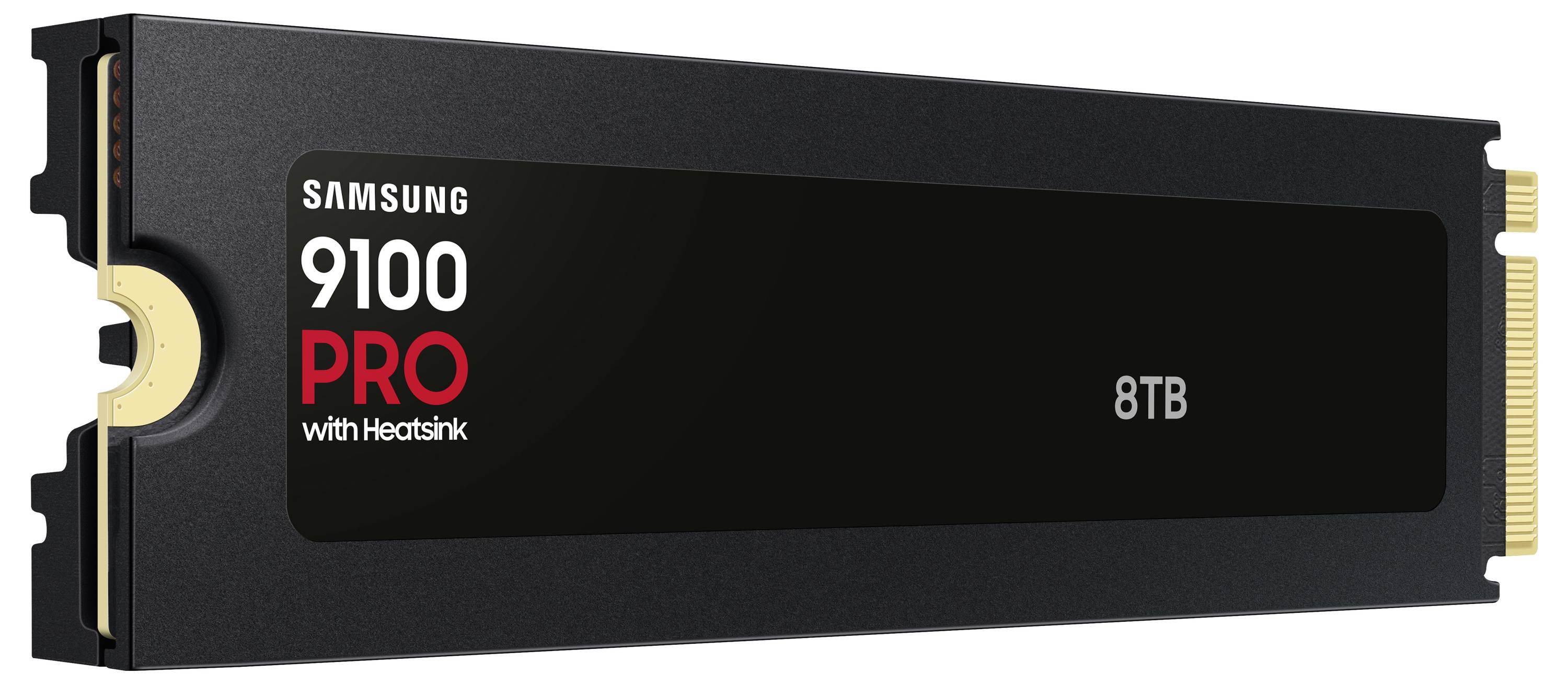 Samsung 9100 PRO mit Kühlkörper, 8 TB Kapazität SSD-Laufwerk mit elegantem Design und schwarzer Außenseite.