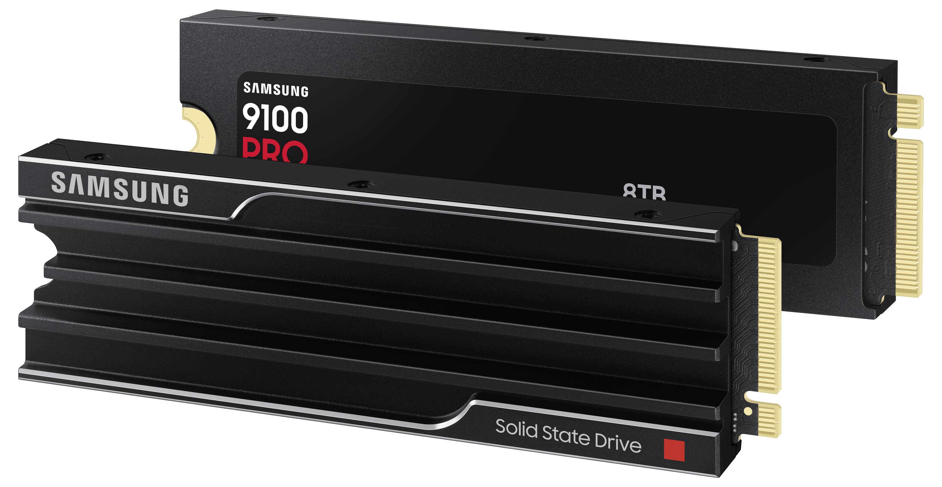 Zwei Samsung Solid-State-Drives (SSD), wobei einer mit den Beschriftungen '9100 PRO' und '8TB' versehen ist. Die SSDs sind in einem Winkel positioniert.