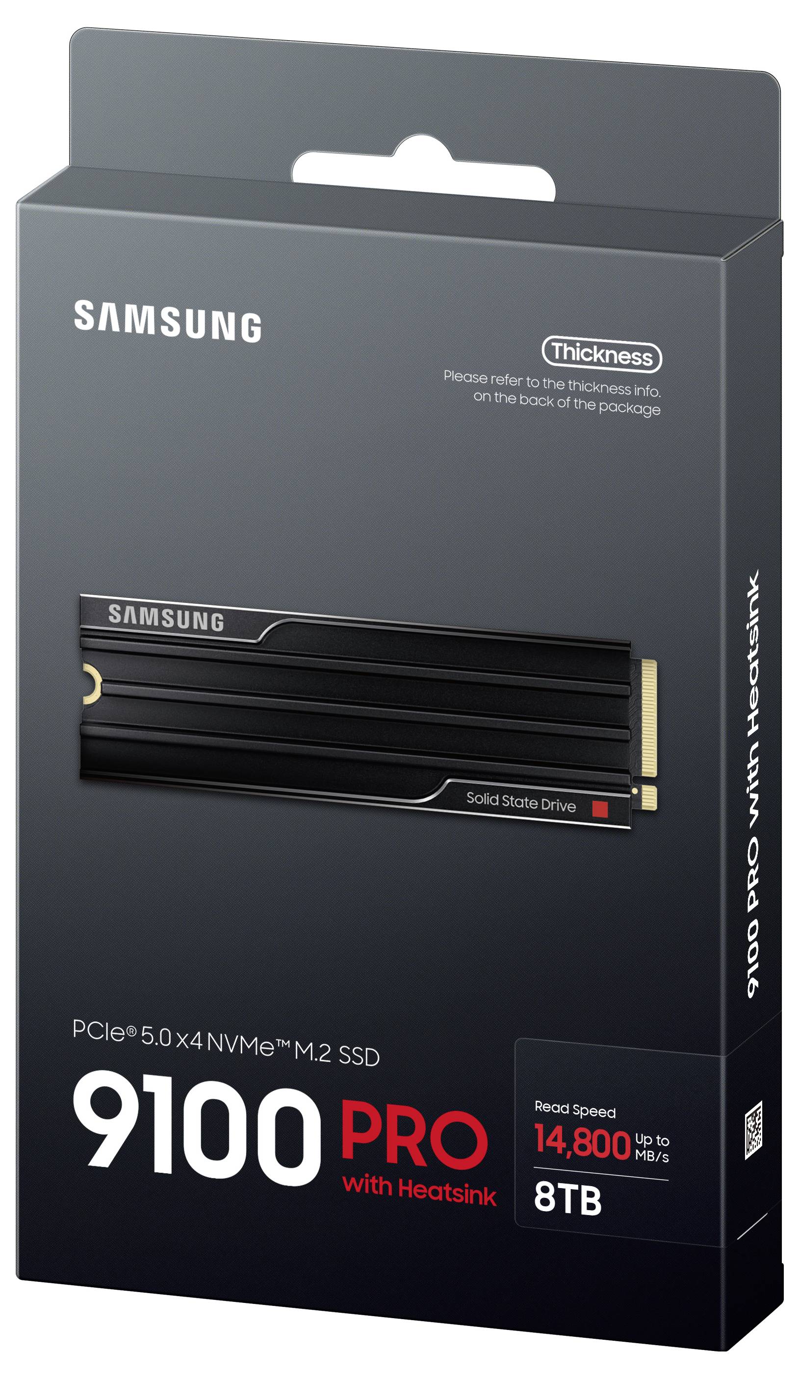 Verpackung des Samsung 9100 PRO mit Kühlkörper, PCIe 5.0 x4 NVMe M.2 SSD, 8 TB, mit 14.800 MB/s Lesegeschwindigkeit. Hauptproduktbild auf der Vorderseite.