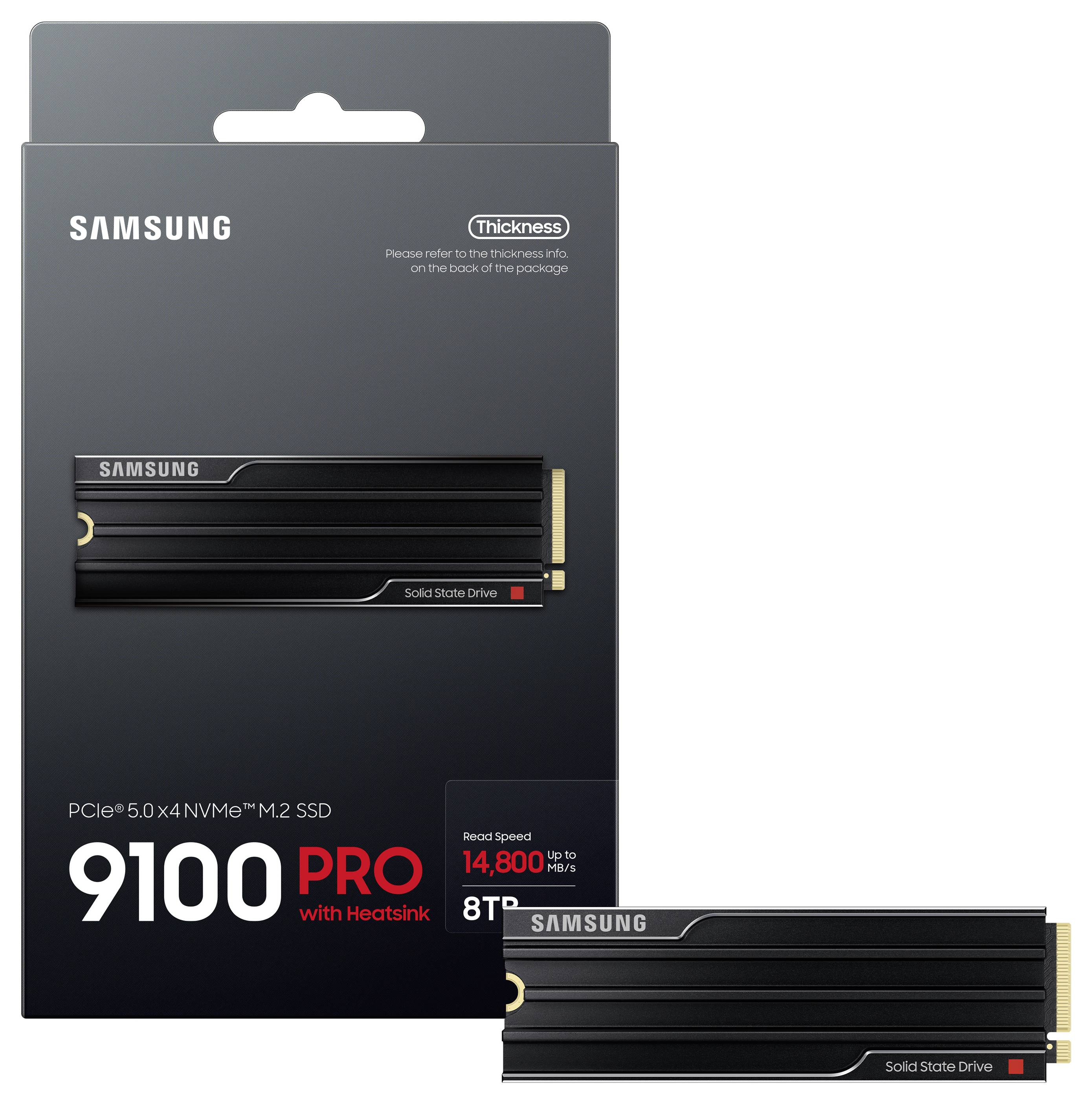 Samsung 9100 PRO NVMe M.2 SSD mit Kühlkörper, PCIe 5.0 x4, 8 TB Kapazität, Lesegeschwindigkeiten bis zu 14.800 MB/s.