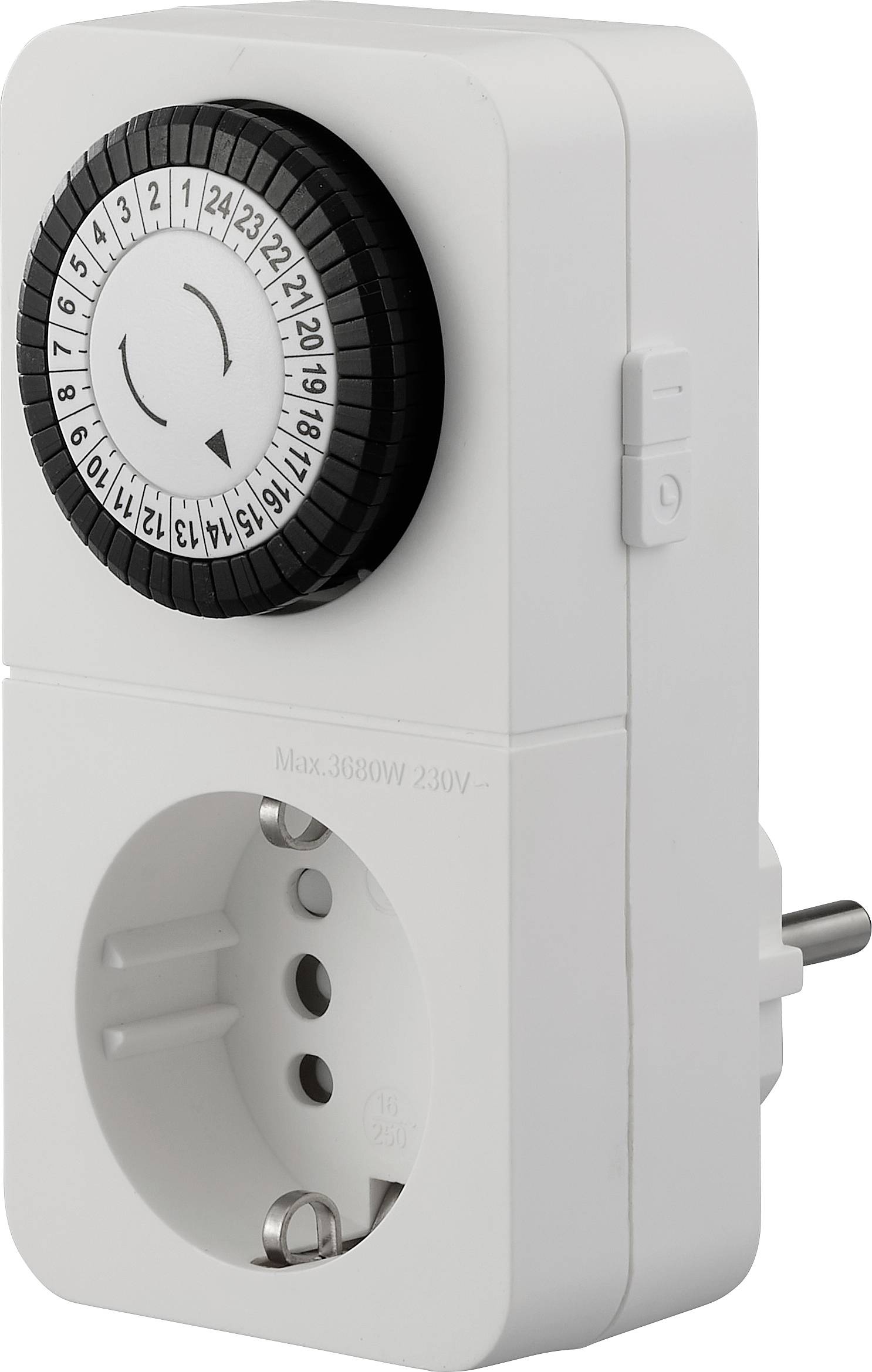 Weißer Stecker-Mechanischer Timer-Adapter mit nummeriertem Zifferblatt und einfacher Steckdose.