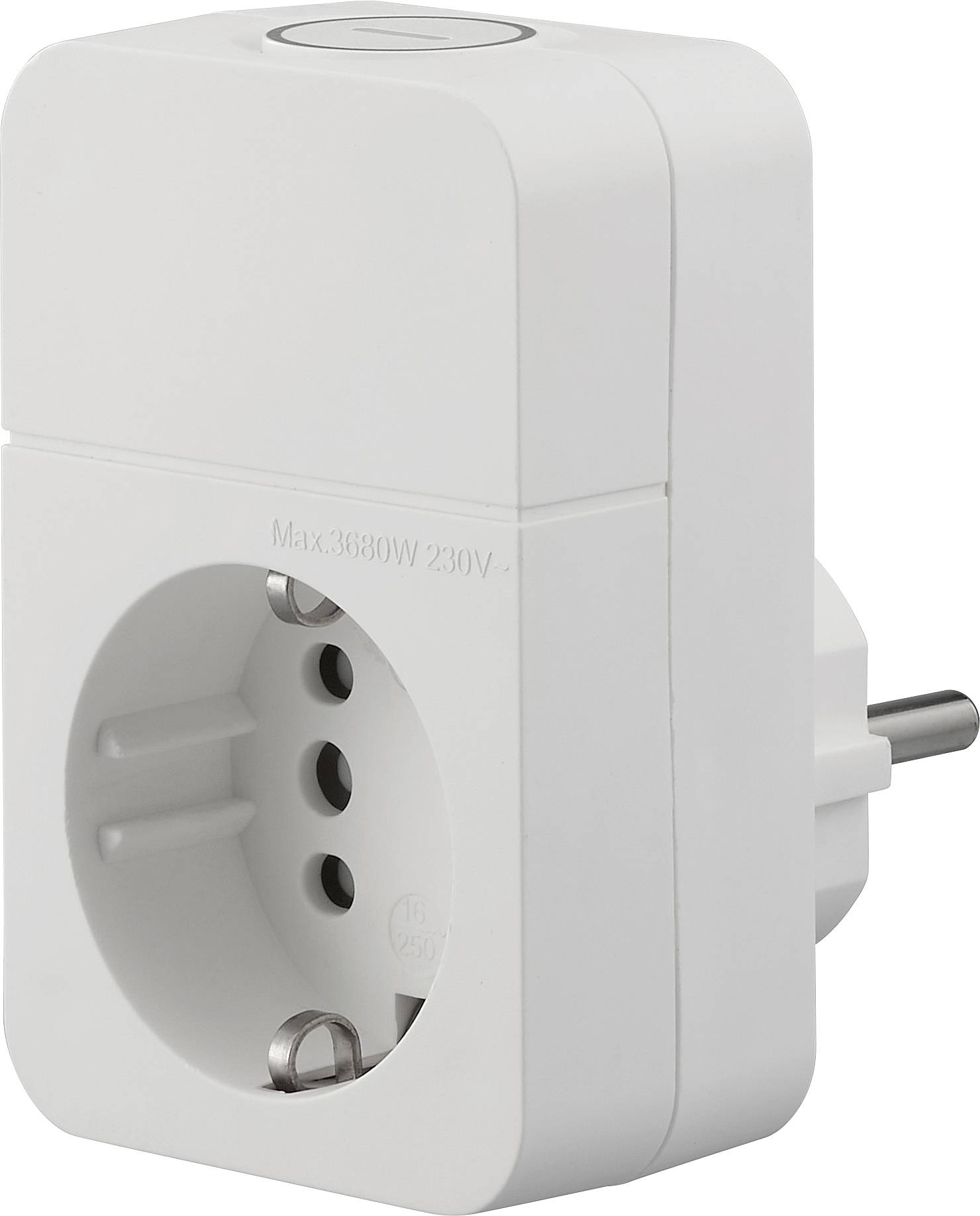 Weißer Stecker-Netzadapter mit Rundausgang und zweipoliger Wandsteckdose, gekennzeichnet mit max. 3680W 230V.