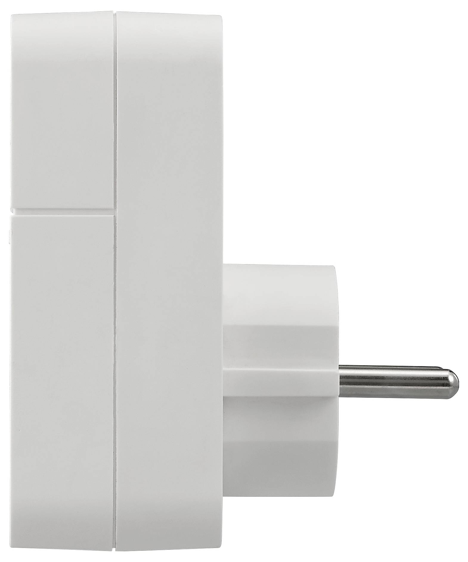 Weißer Elektrostecker oder Stromstecker mit zwei flachen Kontakten und einem runden Metallstift, dargestellt vor einem einfachen Hintergrund.