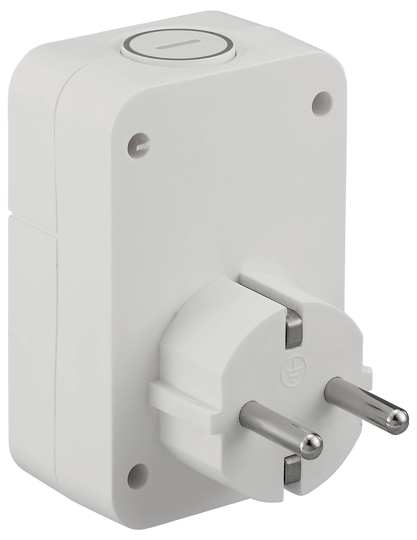 Weiße Steckdose mit einem zweipoligen europäischen Stecker und Drehregler oben, wahrscheinlich ein Timer oder Adapter.