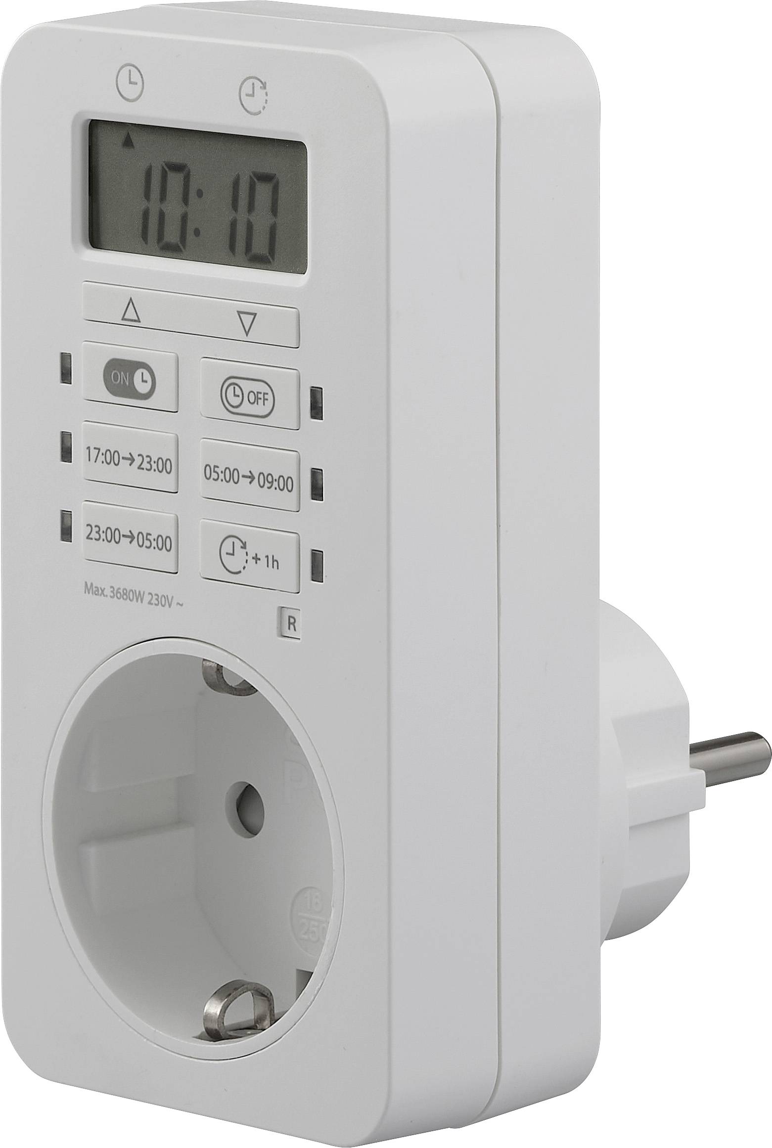Ein digitales Timer-Steckdosengerät mit Display, das '10:10' anzeigt, mehrere programmierbare Tasten und einen europäischen Stecker zum Zeitplanen von Elektrogeräten.