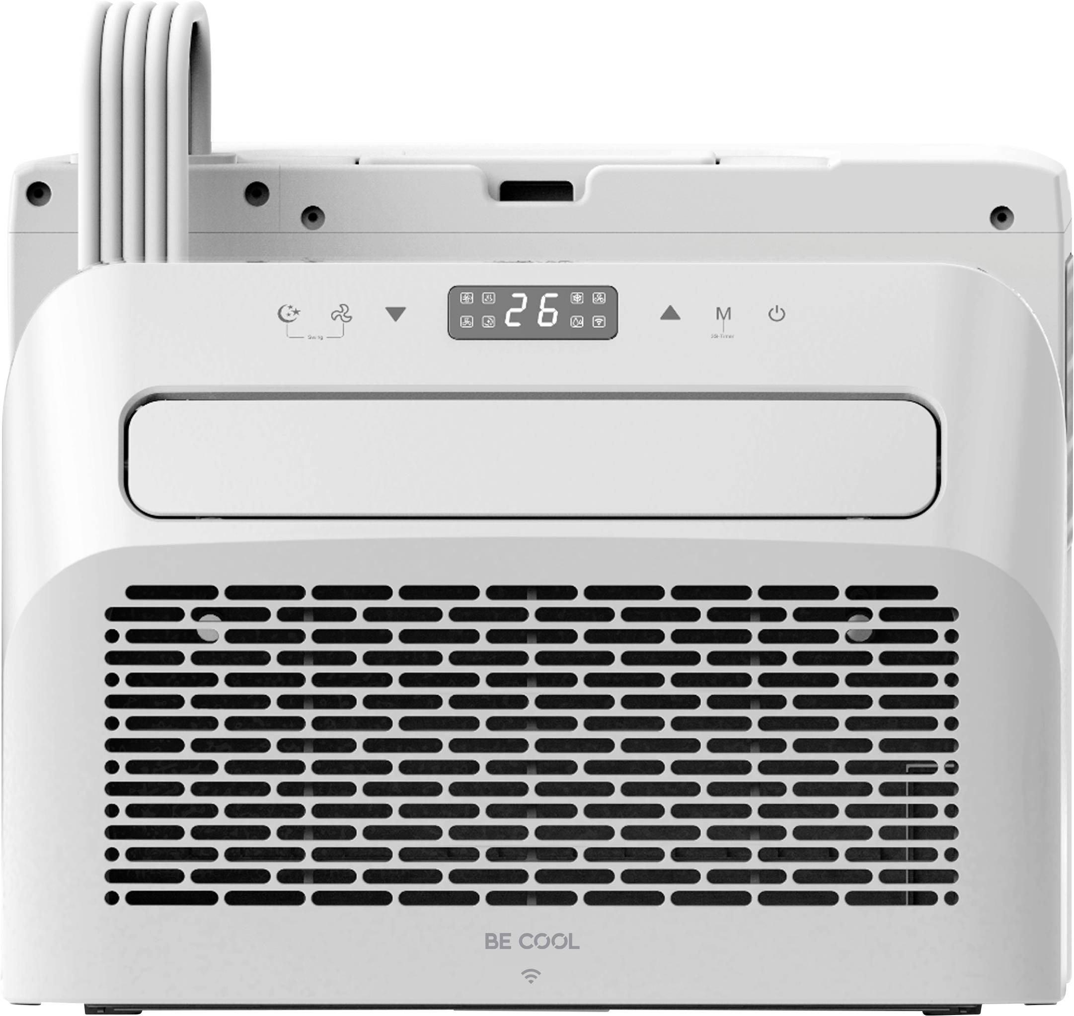 Eine weiße Klimaanlage mit digitaler Anzeige, die „26°C