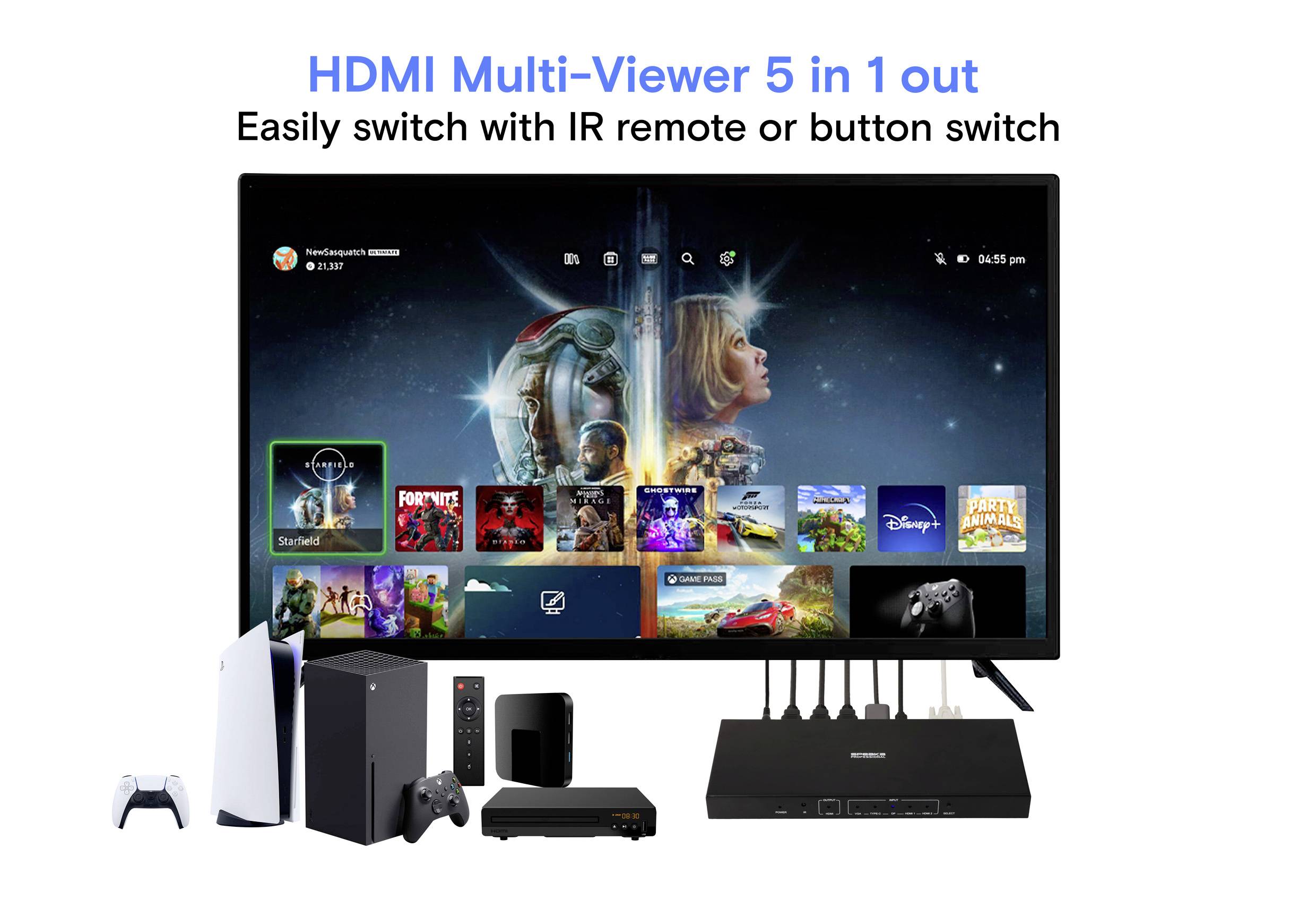 Ein Fernsehbildschirm zeigt ein Menü mit mehreren Streaming-Apps. Darunter sind HDMI-Geräte und ein Multi-Viewer zu sehen, die die Konnektivitätsoptionen hervorheben.