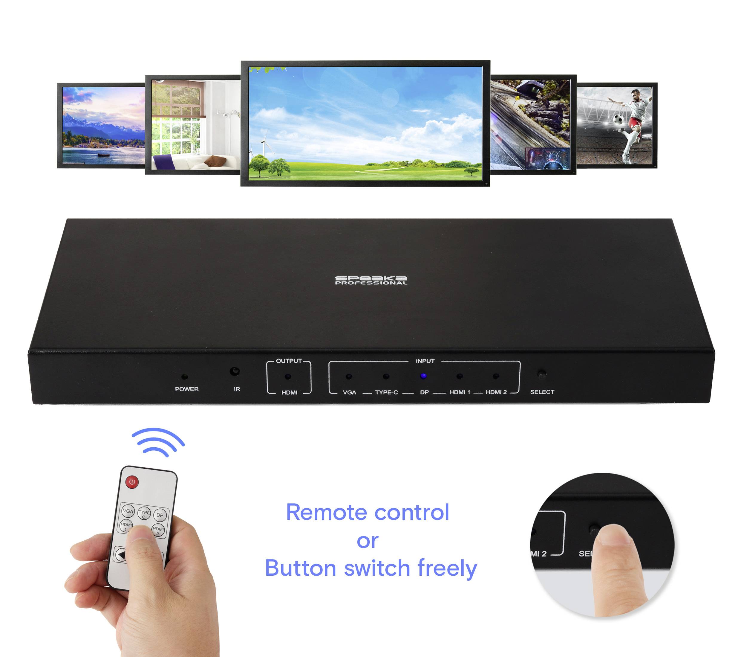 Videomischer unterstützt mehrere Displays mit Fernbedienung oder Tastenschalterfunktionen.