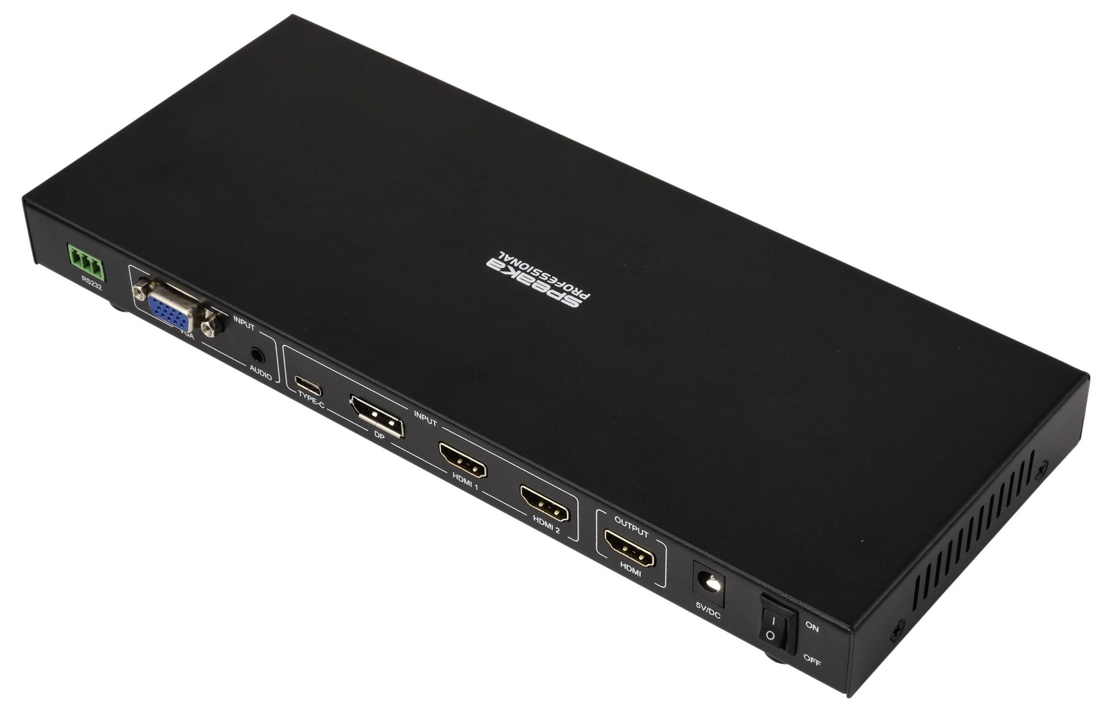 Schwarzer Rack-Mount-HDMI-Switch mit vier HDMI-Eingängen, einem VGA-Eingang, Ethernet-Anschluss, Netzschalter und LED-Anzeigen auf der Frontplatte.