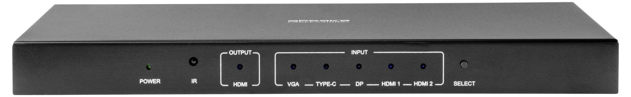 Ein schwarzer HDMI-Switch mit fünf Eingangsbuchsen, die mit ‚HDMI 1-5' beschriftet sind, sowie Tasten für Ein/Aus, IR und Auswahl.
