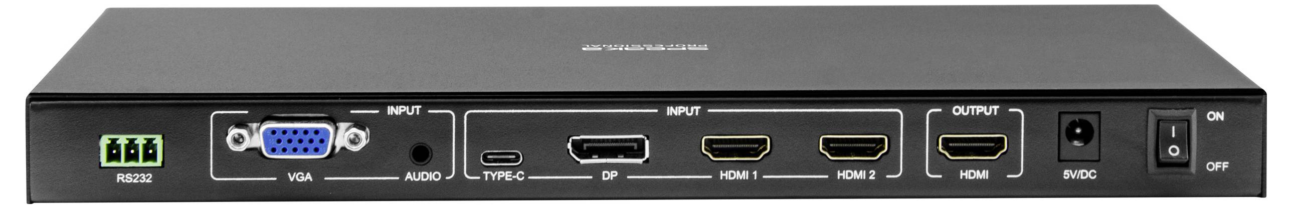 Ein schwarzes elektronisches Gerät mit verschiedenen Ein- und Ausgabeanschlüssen, darunter VGA, HDMI, USB-C und Audio. Ein Netzschalter befindet sich unten rechts.