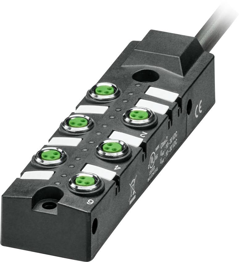 Ein schwarzer, rechteckiger Sensorhub verfügt über sechs kreisförmige grüne Anschlüsse, die von 1 bis 6 beschriftet sind und für das Verbinden mehrerer Sensoren in industriellen Umgebungen verwendet werden.