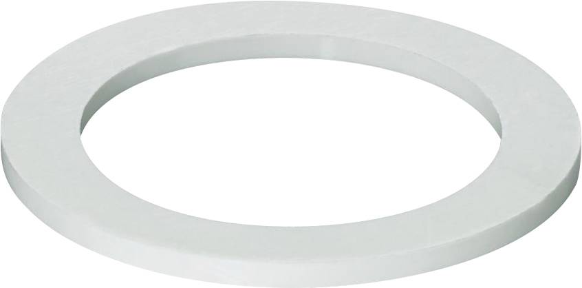 Ein weißer, kreisförmiger, flacher Ring mit einem Loch in der Mitte, der einem Unterlegscheibe ähnelt, vor einem hellen Hintergrund.