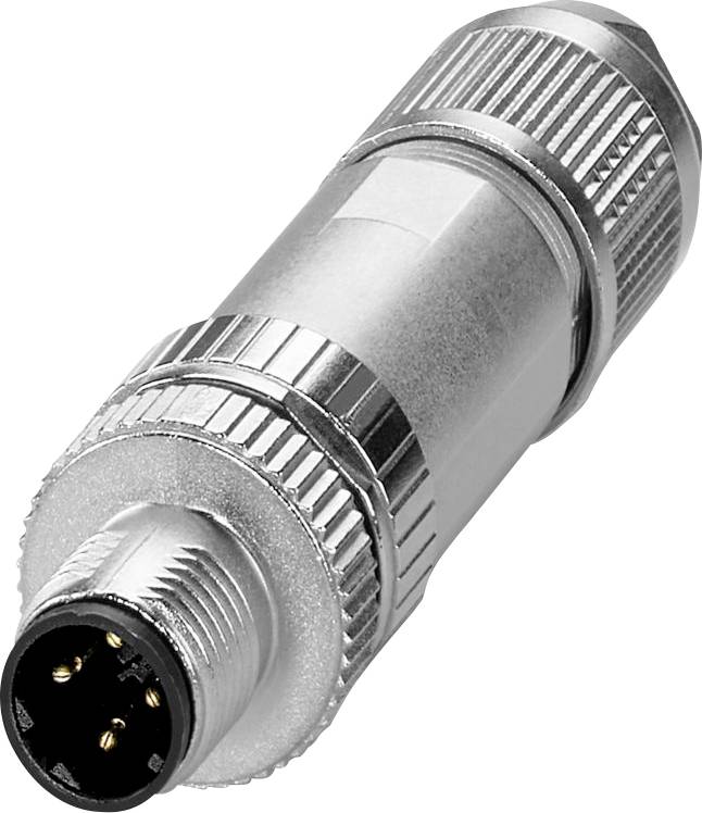 Eine Nahaufnahme eines metallenen Rundsteckverbinders mit gerillten Griffbereichen, bei dem drei Stifte im Inneren sichtbar sind, der für industrielle oder Audio-Ausrüstungsverbindungen verwendet wird.