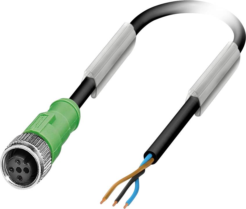 Ein grünes und schwarzes M12-Verbindungskabel mit vier freigelegten Drähten am Ende, das für elektrische Verbindungen verwendet wird.