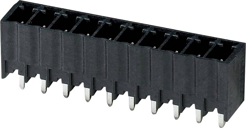 Ein schwarzer rechteckiger elektrischer Steckverbinder mit mehreren Pins an einer Seite, der zum Verbinden von Schaltkreisen auf einer Leiterplatte verwendet wird.