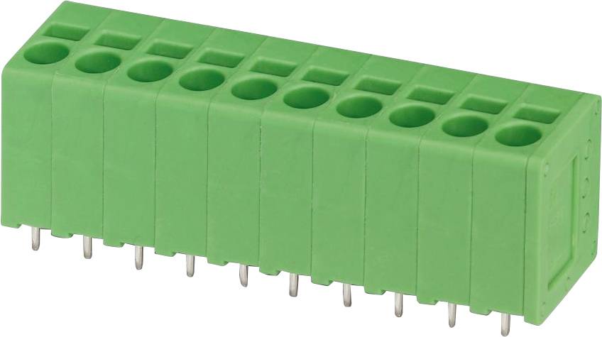 Ein grüner rechteckiger Plastik-Terminalblock mit mehreren Anschlusspunkten und Metallstiften, der zur Verbindung elektrischer Schaltkreise verwendet wird.