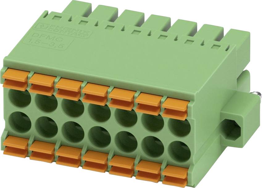 Grüner und orangefarbener elektrischer Steckverbinder mit mehreren Schlitzen und Pins für Verdrahtungsanwendungen, ausgestattet mit einem Kunststoffgehäuse.