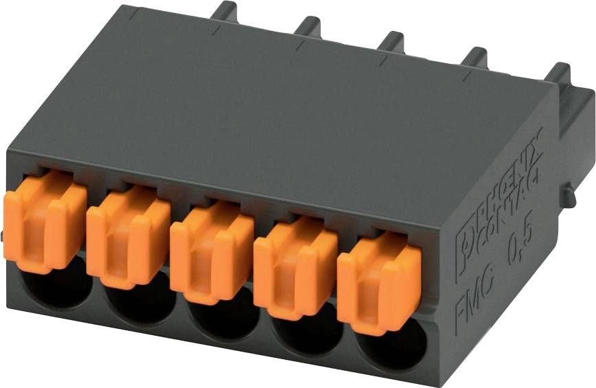 Dies ist ein 5-poliger schwarzer und orangefarbener Federklemmenblock, der typischerweise für elektrische Zwecke verwendet wird. Er verfügt über Push-in-Klemmenanschlüsse.