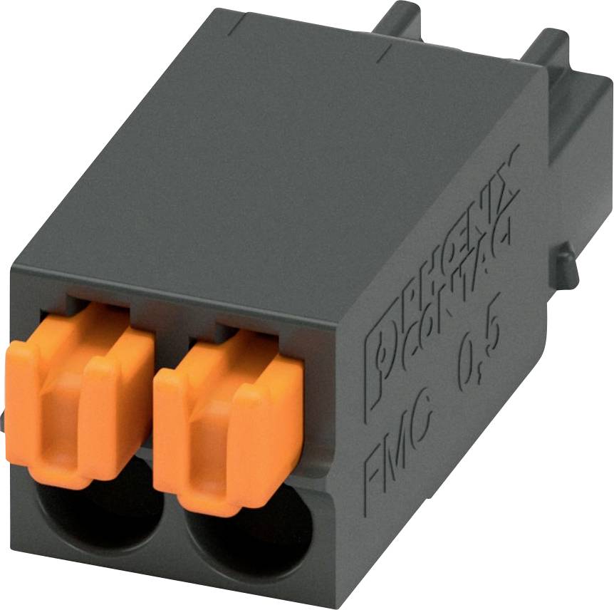 Ein schwarz-orangefarbener elektrischer Stecker mit zwei Anschlüssen, beschriftet mit ‚Phoenix Contact FMC 0 5'.
