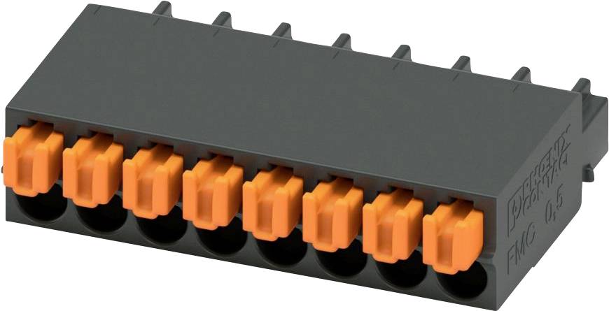 Ein rechteckiger, dunkelgrauer elektrischer Steckverbinder mit acht orangefarbenen Buchsenkontakten in einer einzelnen Reihe, entwickelt für sichere Kabelverbindungen.