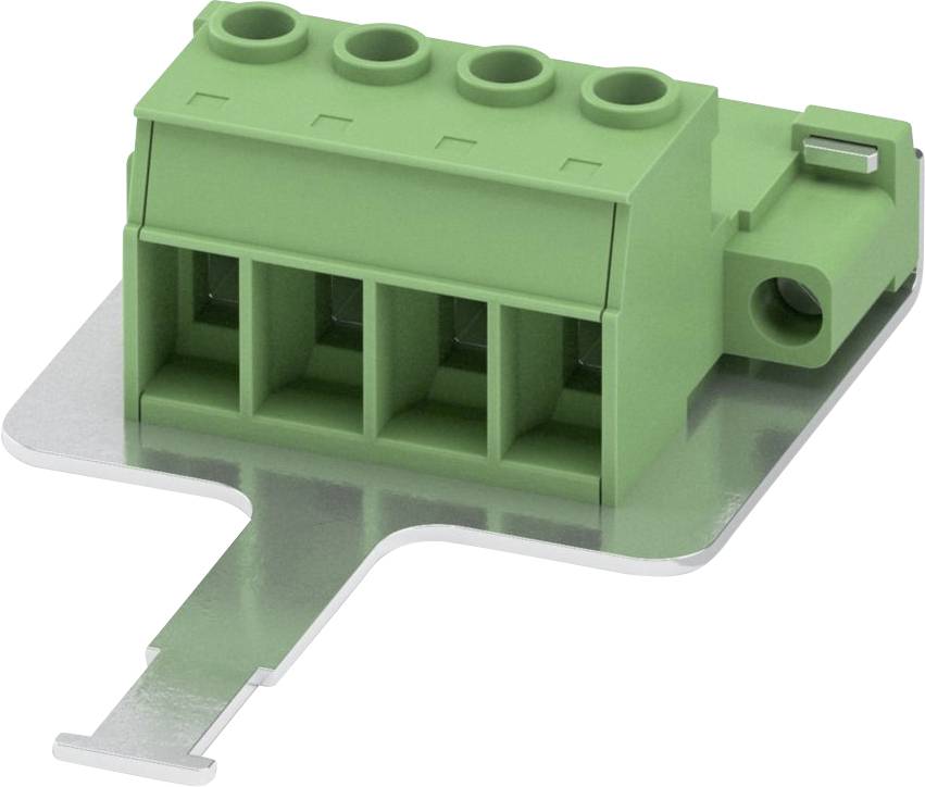 Ein grüner Anschlussblock mit vier Anschlussbuchsen, der auf einer Metallplatte montiert ist und üblicherweise für elektrische Verbindungen verwendet wird.