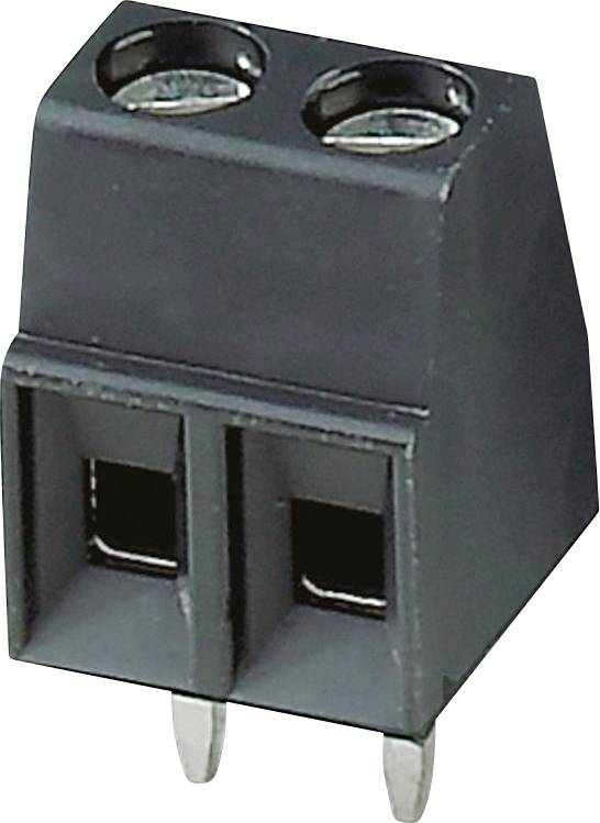 Ein schwarzer Zwei-Pin-Schraubklemmenblock, der zum sicheren Anschließen von elektrischen Leitungen verwendet wird.