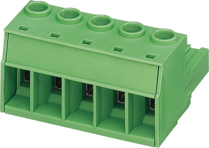 Ein grüner elektrischer Anschlussblock mit vier kreisförmigen Öffnungen, entwickelt für einfaches Verdrahten und sichere elektrische Verbindungen.