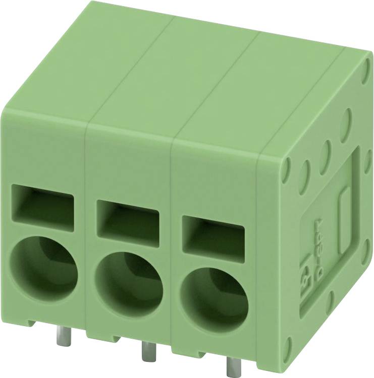 Ein grüner 3-polig Anschlussblock mit Schraubklemmen, verwendet für elektrische Verkabelung, aus einem Winkel dargestellt, der die Löcher und Stifte hervorhebt.