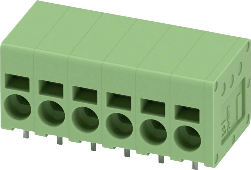 Grüner Anschlussblock mit sechs Verbindungspunkten für elektrische Drähte, mit einer Reihe von Lötpins am unteren Ende zur Montage auf einer Leiterplatte.