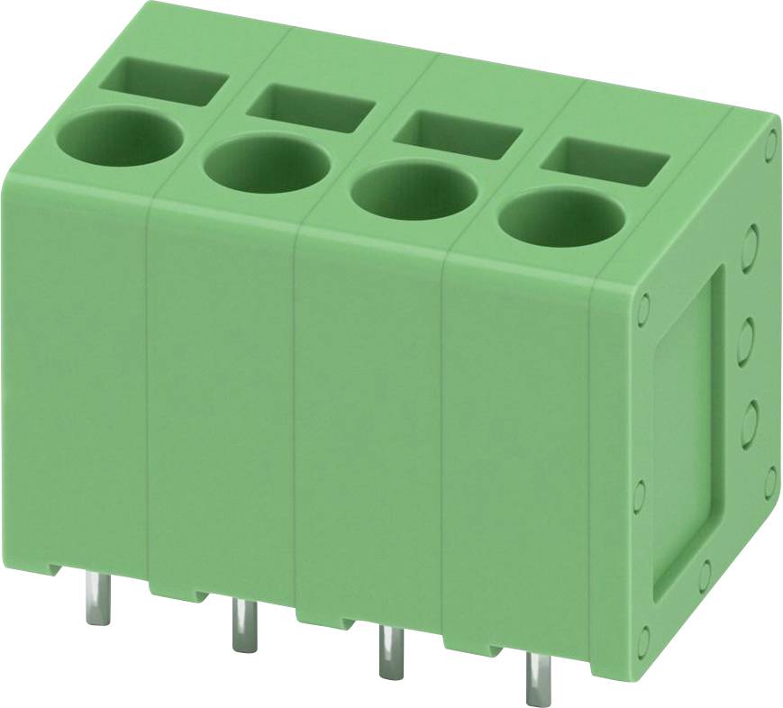 Ein grüner, vierpositiger Terminalblock mit Metallstiften wird gezeigt. Er wird für elektrische Verbindungen verwendet und erleichtert das Einfügen von Drähten.