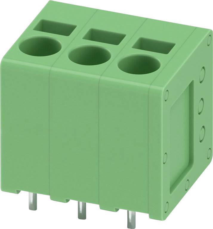 Ein grüner Terminalblock mit drei Drahtanschlüssen und Metallstiften zur Schaltungsintegration, verwendet für elektrische und elektronische Verbindungen.