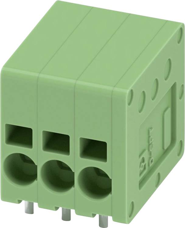 Ein grüner dreipoliger Anschlussblock mit seitlichen Öffnungen für sichere Drahtverbindungen, geeignet für elektrische Schaltkreise und Komponenten.