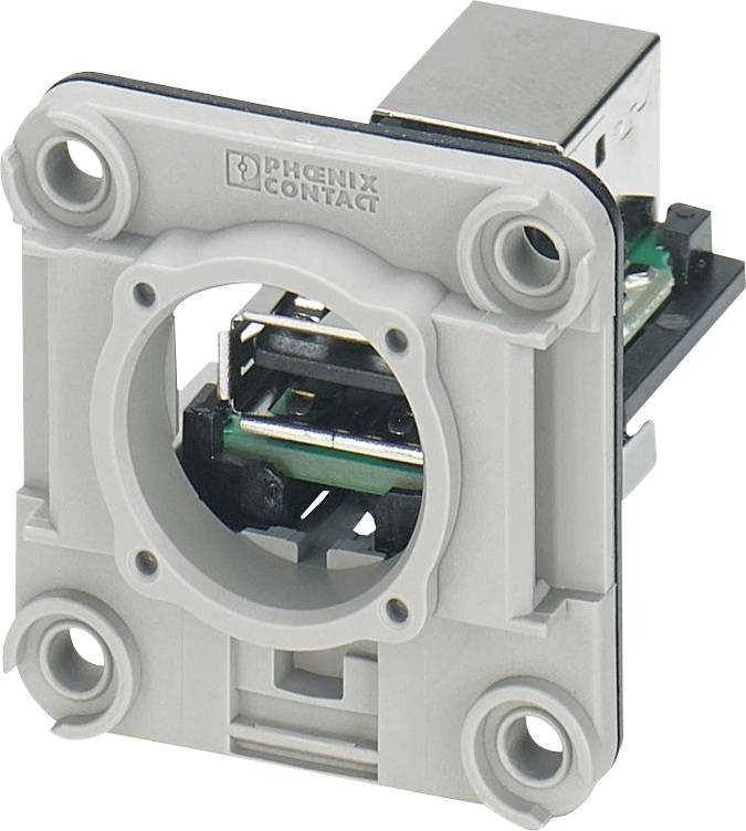 Ein grauer Phoenix Contact USB-Anschluss mit quadratischem Befestigungsrahmen und runder Öffnung für die Paneelinstallation.