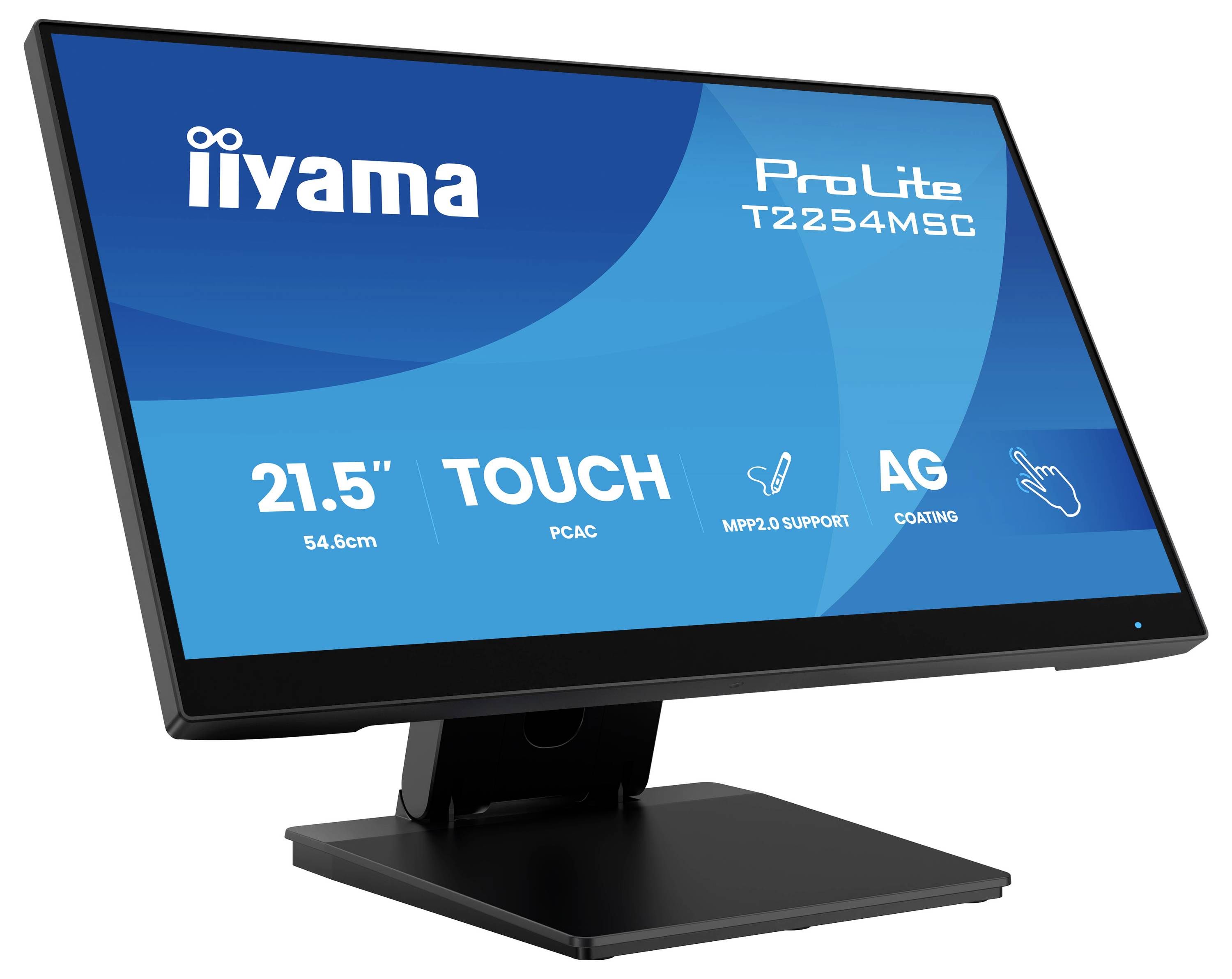 Ein schwarzer Computermonitor mit der Anzeige 'iiyama ProLite T2254MSC' mit folgenden Merkmalen: 21,5