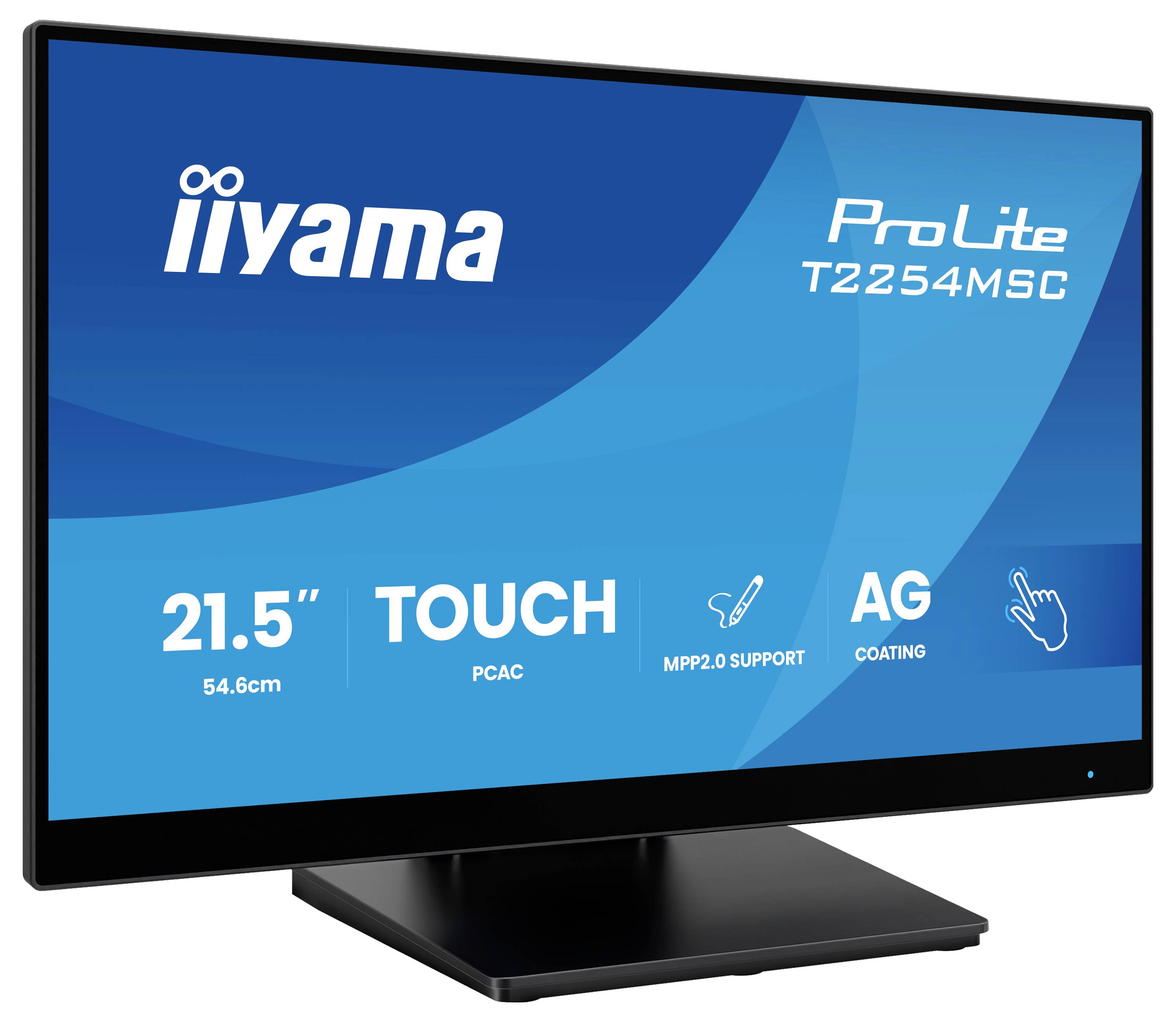 Monitor mit der Bezeichnung 'iiyama ProLite T2254MSC' mit folgenden Eigenschaften: 21,5 Zoll Bildschirmgröße, Touchfunktionen, MPP 2.0-Unterstützung, AG-Beschichtung.