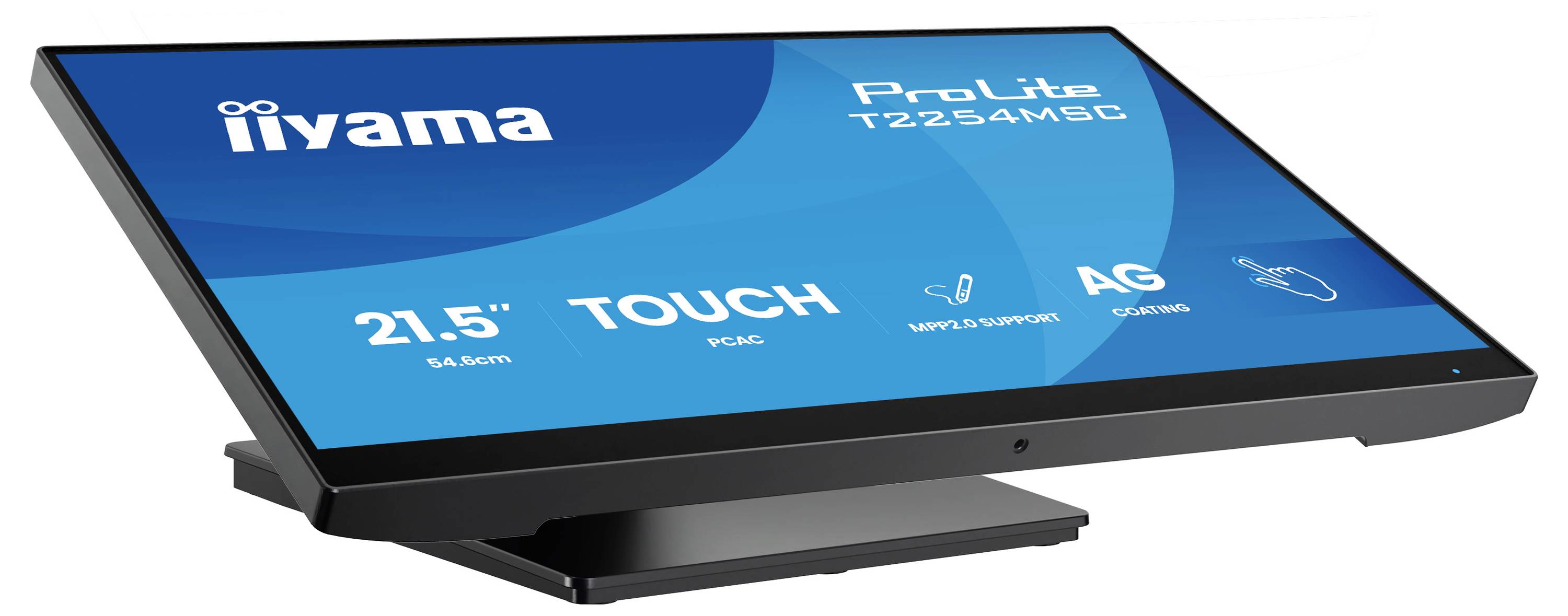 Ein Touchscreen-Monitor mit der Bezeichnung 'iiyama ProLite T2254MSC' mit Eigenschaften wie 21,5-Zoll Bildschirmgröße und Entspiegelung.
