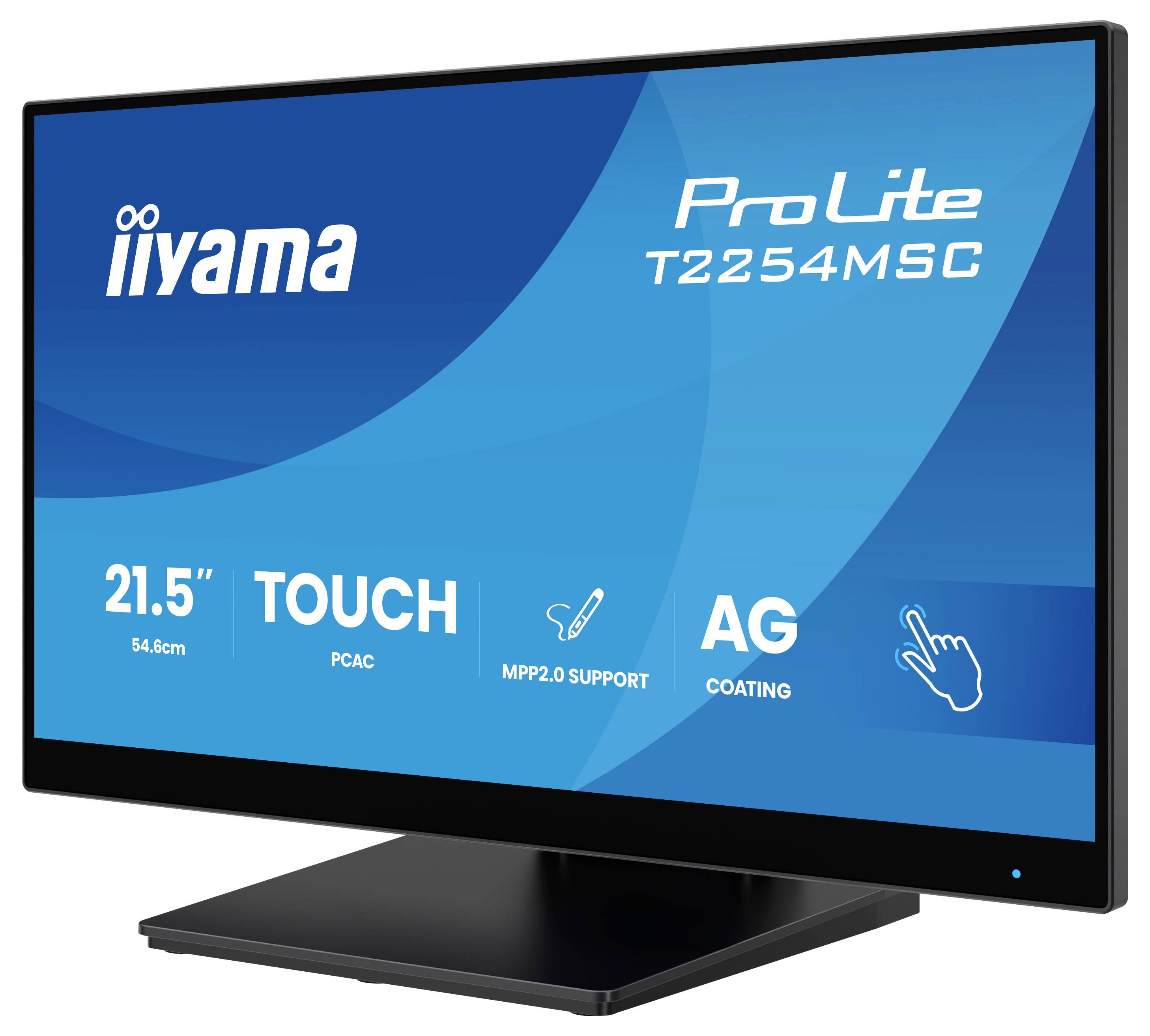 Ein 21,5-Zoll iiyama ProLite T2254MSC Touchmonitor mit AG-Beschichtung und MPP-2.0-Unterstützung wird auf einem schwarzen Ständer präsentiert.