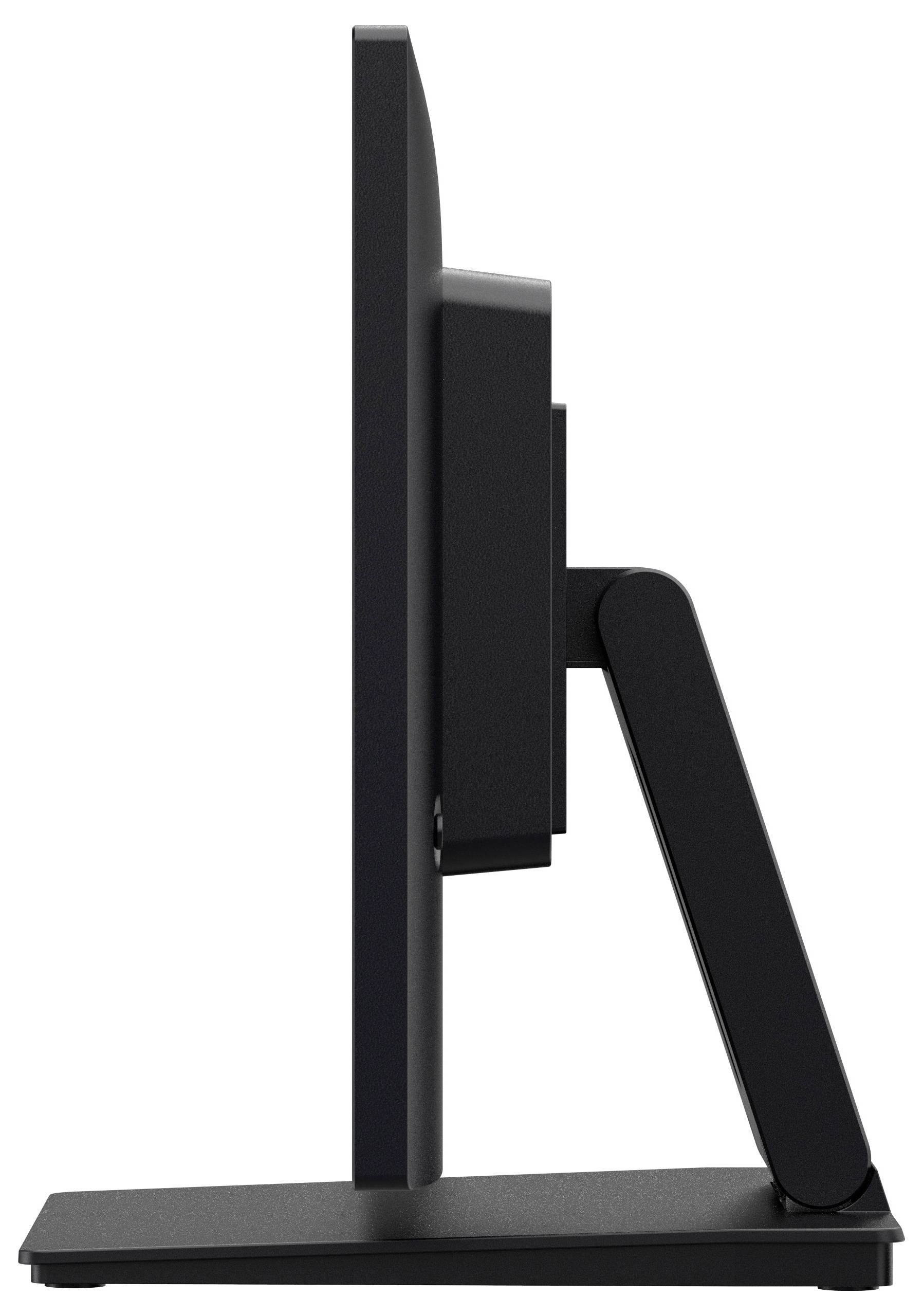 Eine Seitenansicht eines schwarzen Computermonitors mit schlankem Design und verstellbarem Ständer, der sein elegantes und modernes Profil zur Geltung bringt.