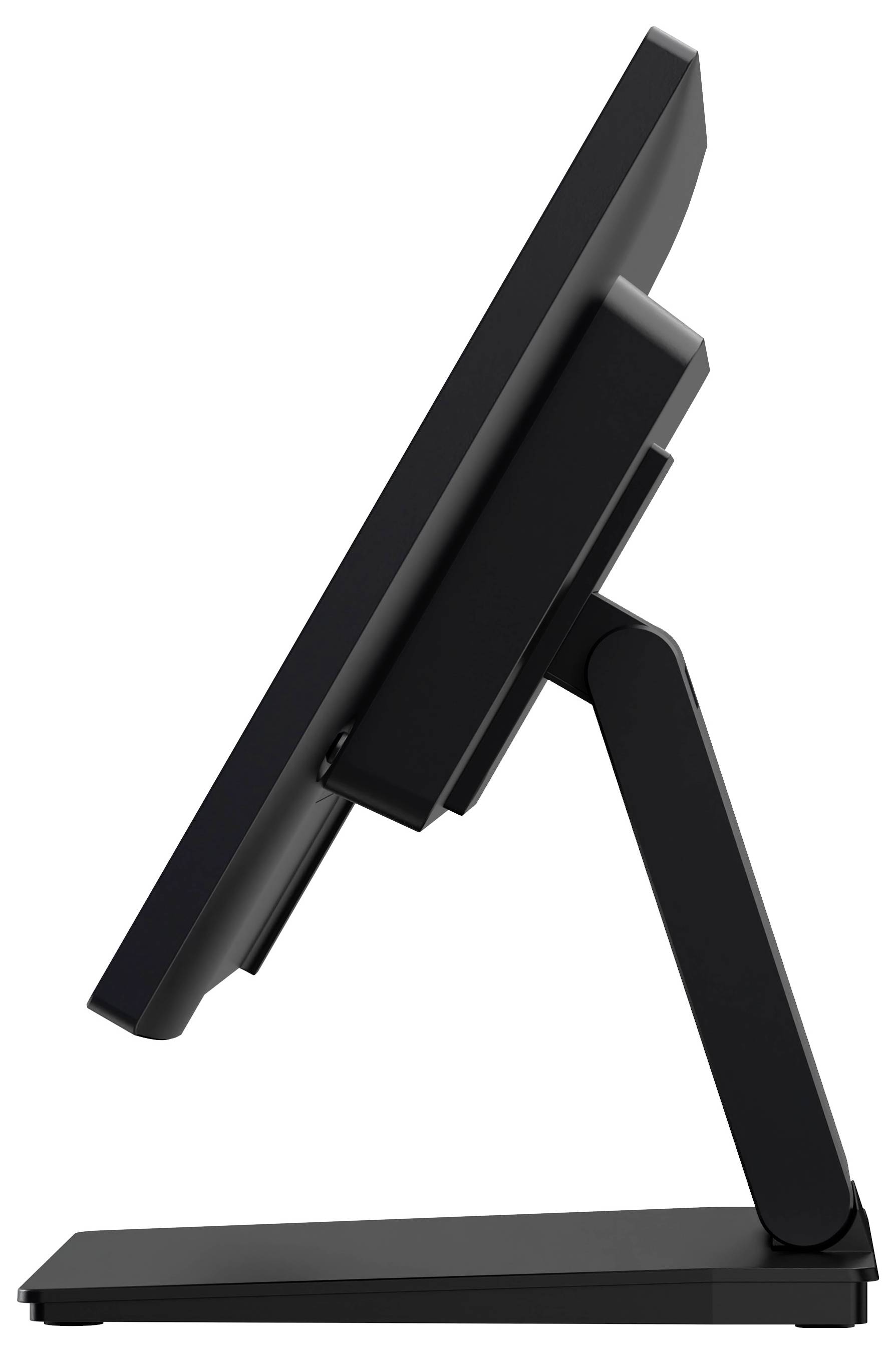 Eine Seitenansicht eines schwarzen Computermonitors auf einem Ständer, leicht nach oben geneigt, die seine schlanke Silhouette und verstellbare Konstruktion zeigt.