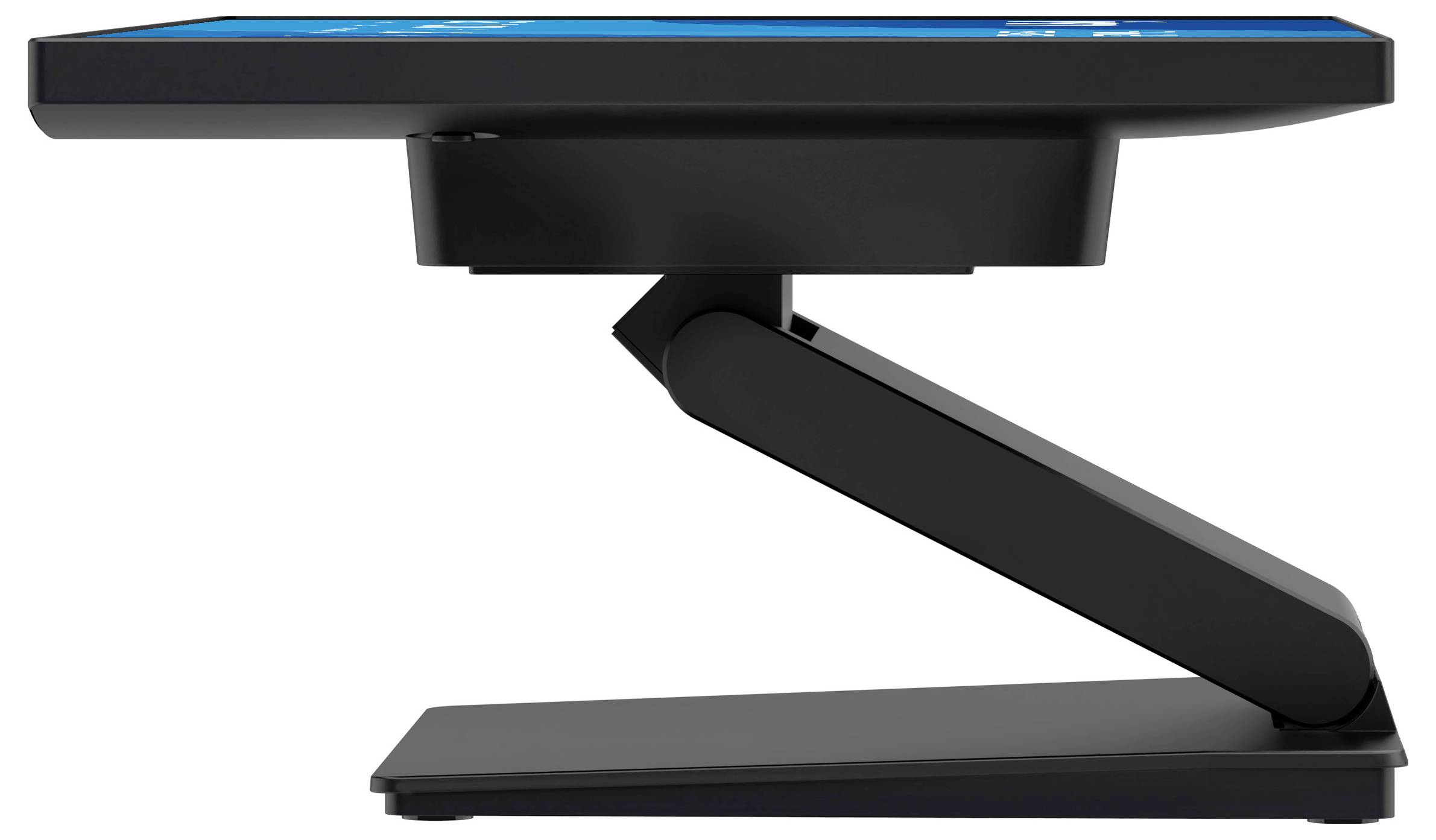 Ein moderner schwarzer Computermonitor mit verstellbarem Ständer, der in einer Seitenansicht gezeigt wird und sein schlankes Design und seine Flexibilität hervorhebt.