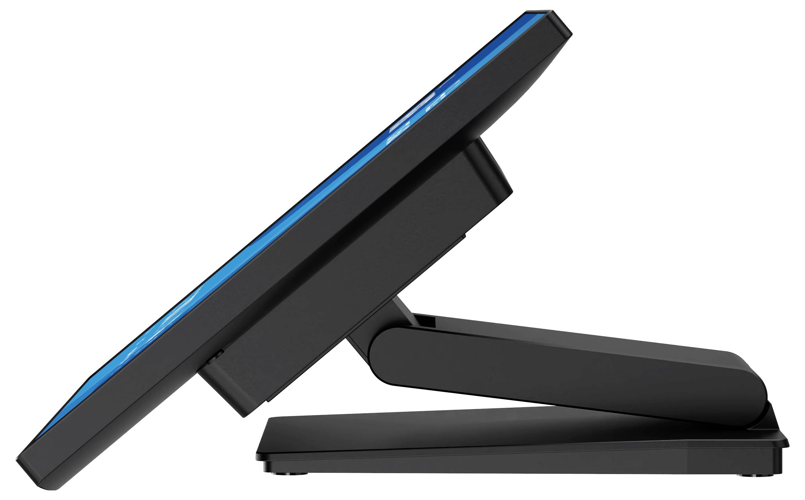 Ein schwarzer verstellbarer Ständer, der einen Monitor mit blauen Kanten stützt, der seitlich geneigt ist und dabei seine Flexibilität und ergonomischen Designmerkmale präsentiert.