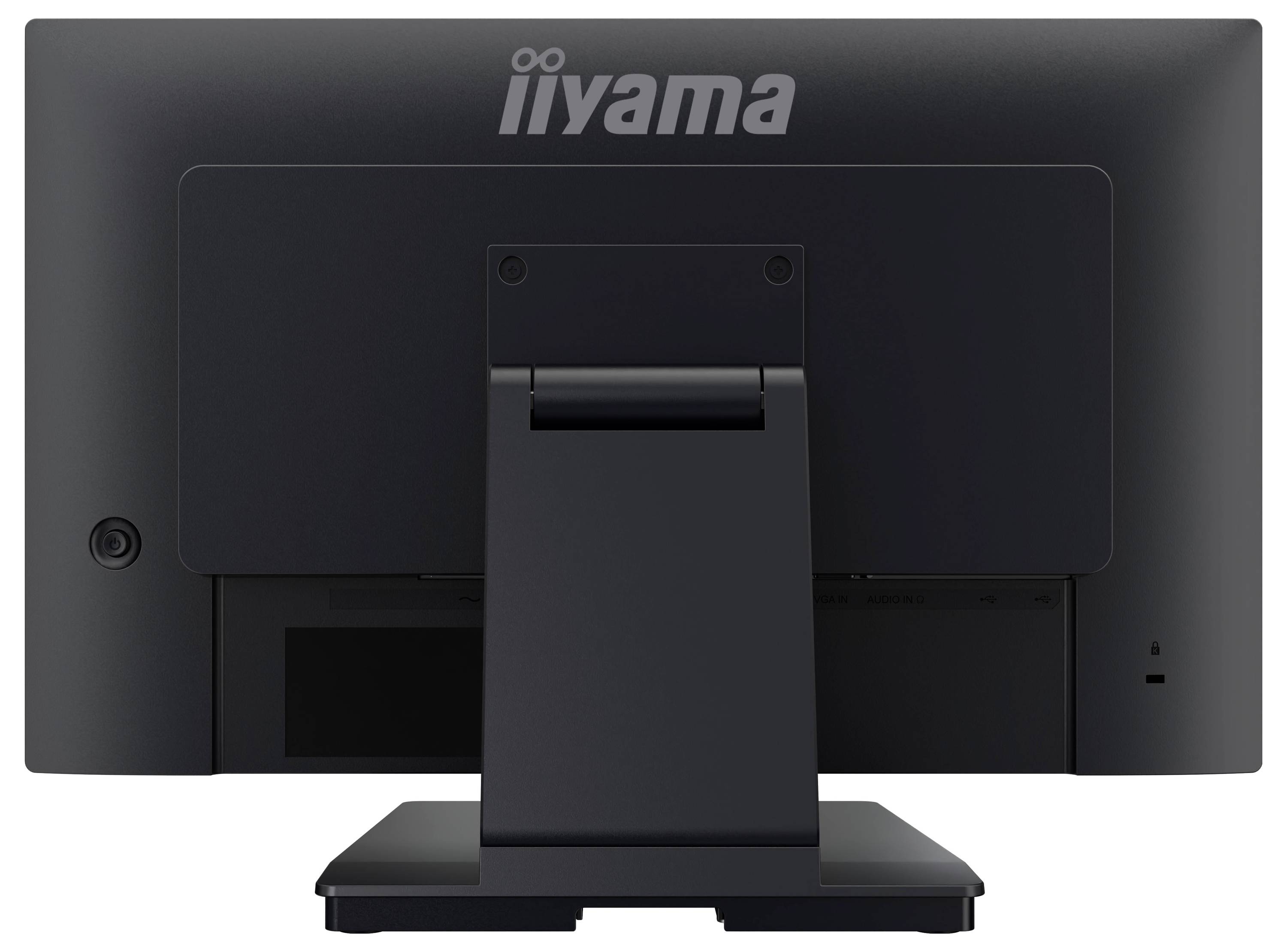 Das Bild zeigt die Rückansicht eines iiyama-Computermonitors in einer dunklen Farbe, mit einem rechteckigen Ständer und dem iiyama-Logo oben.
