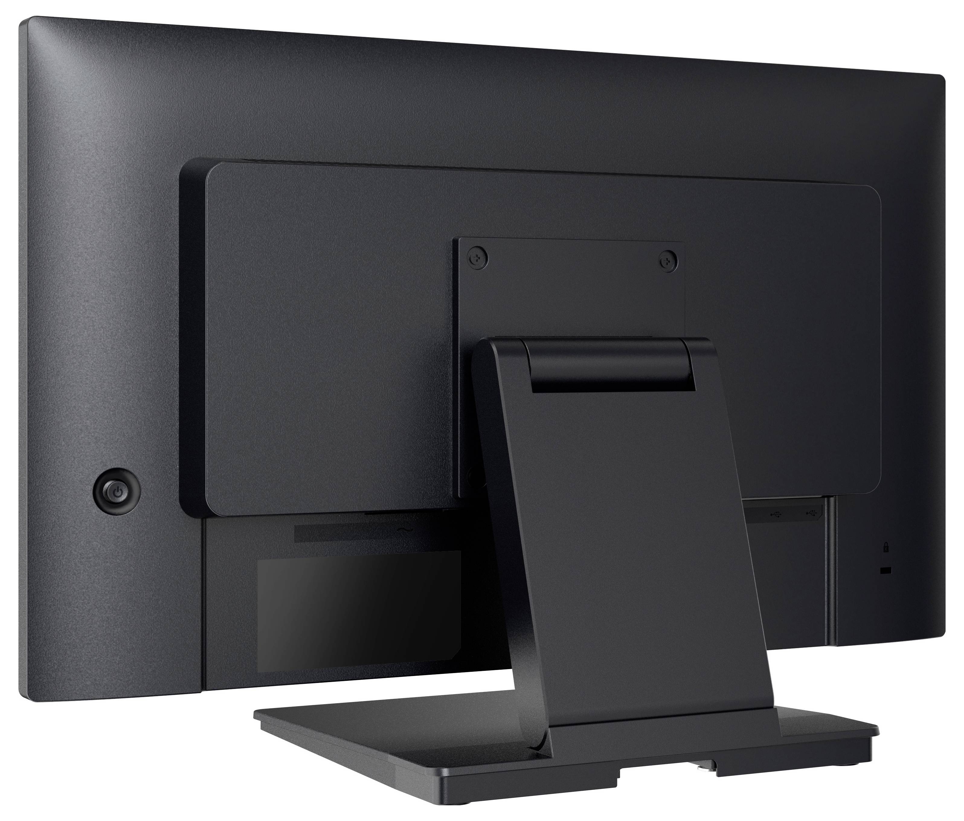 Rückansicht eines Flachbildschirm-Computermonitors mit einem rechteckigen Ständer, der ein schlankes schwarzes Design und eine einfache Montageplatte zeigt.